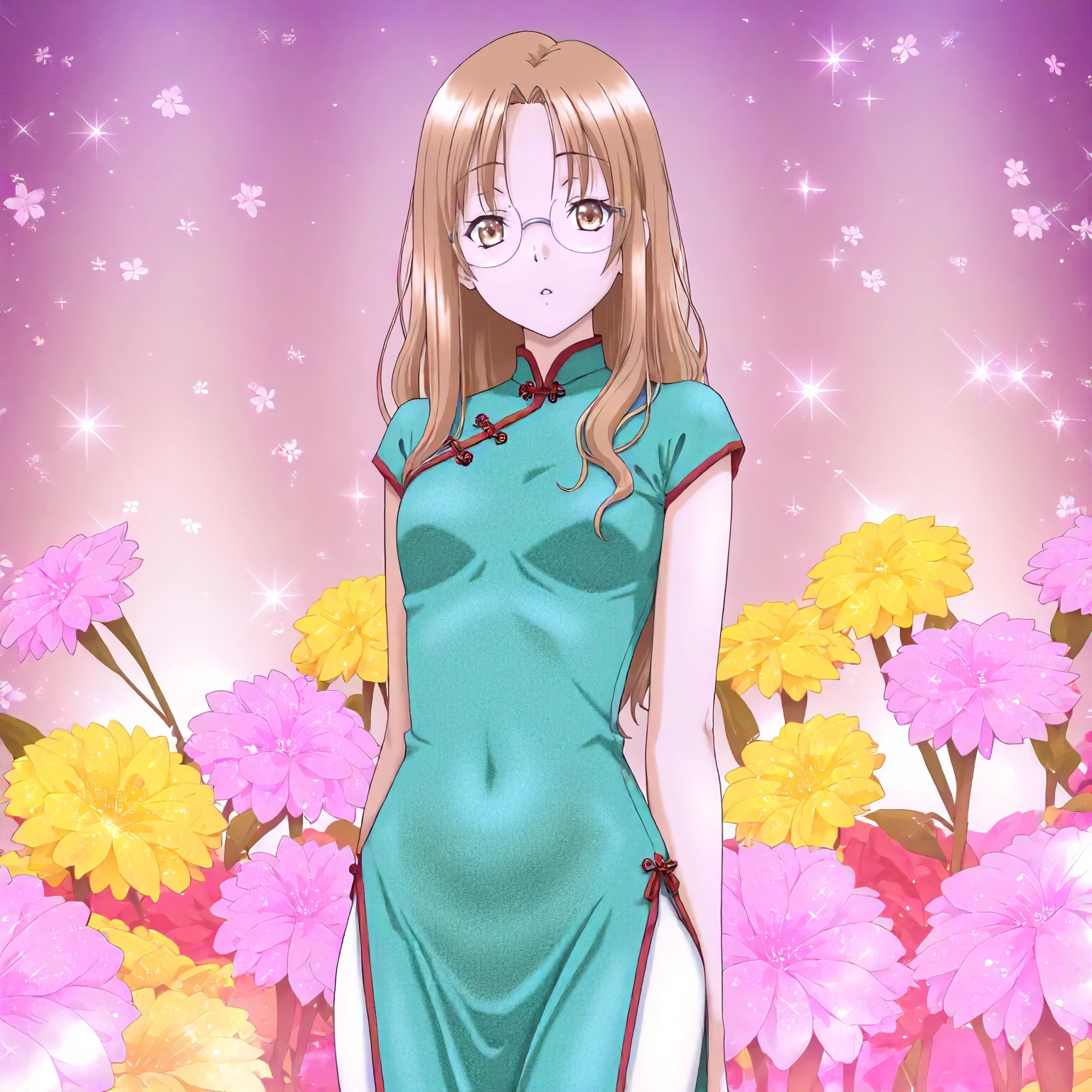 <lora:YG_takani_sakuyaXLIllustrious001>,
masterpiece,best quality,good quality,newest,
flower background,glitter,
parted lips,
looking at viewer,
solo,
anime coloring,
takani_sakuya\(yukigatari\),1girl,light brown hair,long hair,brown eyes,rimless_eyewear,
cowboy shot,standing,
print_cheongsam,