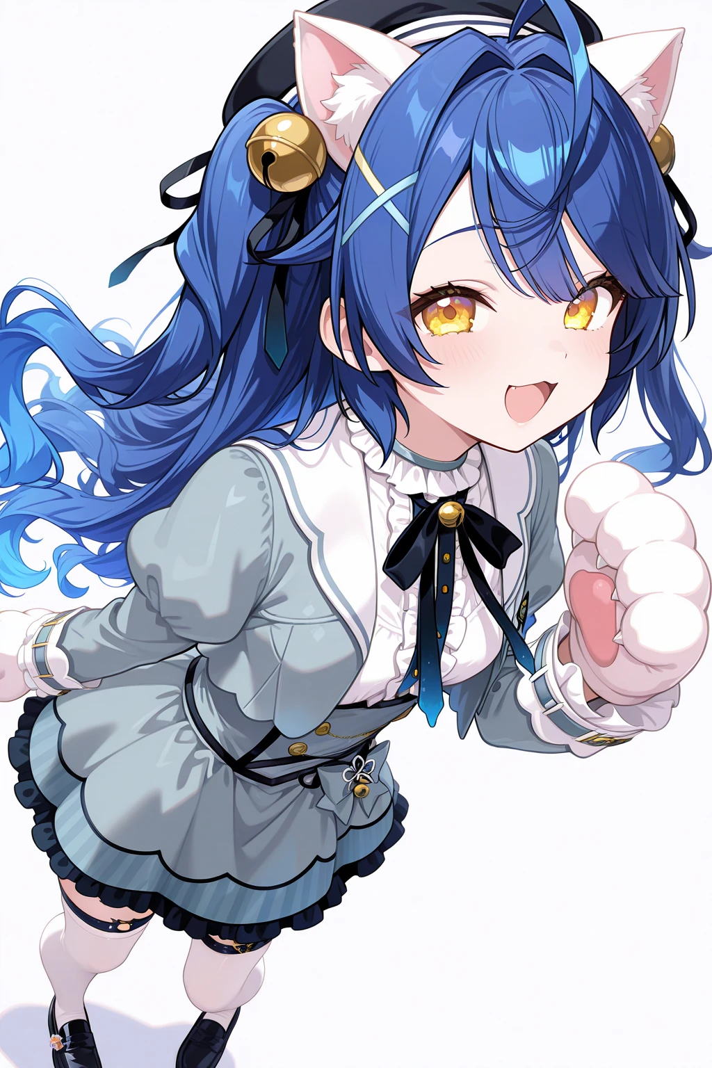 1girl, AmamiyaKokoroNijisanji,
general, solo, perspective, dynamic angle,
long hair, blue hair, two side up, wavy hair,
eyelashes, yellow eyes,
cat ears,
black headwear, x hair ornament, hair bell,
grey jacket,
puffy sleeves, frilled sleeves,
cropped jacket,
breasts, open jacket,
neck bell, white shirt,
grey dress, thigh strap, white thighhighs, loafers,
paw gloves,
smile,
singing,
simple background,
<lora:kp_AmamiyaKokoroNijisanji1stCostumeIllustrious_v1_0:1.0>,
masterpiece, best quality, amazing quality