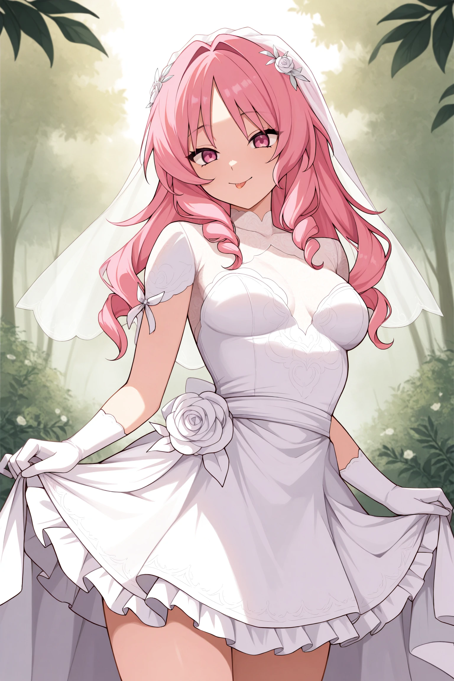 masterpiece, best quality, very aesthetic, aoinadeshiko, solo, outdoors, nature, brildai veil, pink hair, hair intakes, parted bangs, drill hair, long hair, pink eyes, medium breasts, wedding dress, white dress, white gloves, frilled skirt, smile, closed mouth, tongue out, :P, <lora:Aoi-Nadeshiko:0.7>
