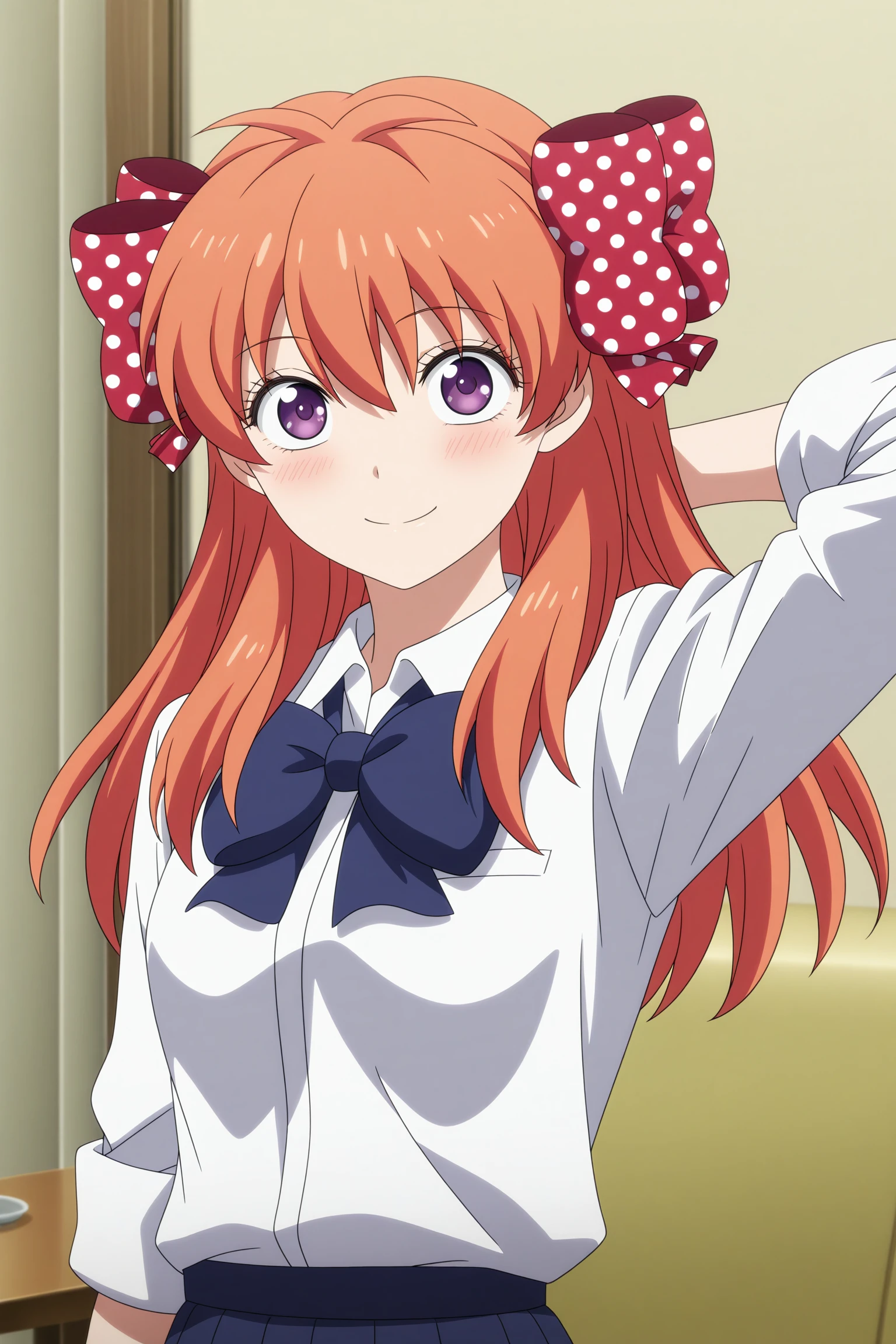 masterpiece, best quality, amazing quality, highres, absurdres, very aesthetic, high resolution, ultra detailed, perfect details, 1girl, solo, indoors, living room, sakura chiyo, long hair, orange hair, red hair ribbon, polka dot ribbon, purple eyes, three-quarter sleeves, sleeves rolled up, white shirt, collared shirt, blue bowtie, blue skirt, pleated skirt, black thighhighs, <lora:Chiyo_Sakura_ILXL:0.8>, aged up, (upper body:1.5), looking at viewer, smile, (anime coloring:1.5), (pose:1.1)