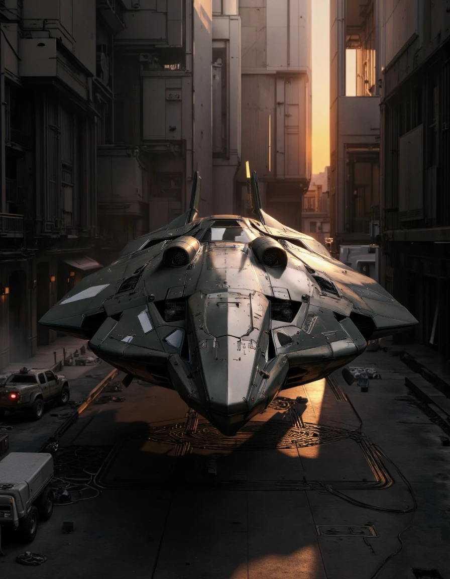 A futuristic, sleek, metallic spaceship flying over a futuristic cityscape at sunset. the spaceship is positioned in the center of the image, with its sleek, streamlined design standing out against the dark, industrial setting. it has a large, angular nose and a pointed nose, giving it a modern and sophisticated look. the spacecraft is illuminated by a warm, orange light, casting a soft glow on its metallic surface. the cityscape below is detailed with lines and geometric patterns, and there are several vehicles parked nearby, adding to the futuristic feel of the scene. the image is taken from a high angle, looking down on the spaceship, giving a sense of depth and perspective.