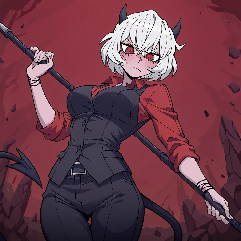 masterpiece, best quality, newest, absurdres, highres, anime, anime style, DPDV1.0, dynamic pose, polearm, holding polearm, holding weapon, weapon, 
1girl, malina (helltaker), demon girl, short hair, white hair, horns, demon tail,
spear, holding spear,