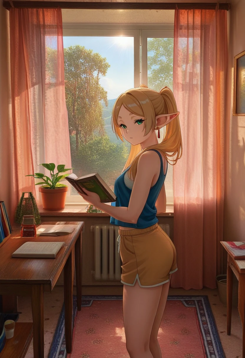 masterpiece, high quality, 1girl, solo, frieren, tank top, shorts, looking at viewer, cowboy shot, from side, hrushch, room, scenery, indoors, window, sunlight, book, table, day, tree, plant, sky, bookshelf, curtains, carpet, potted plant,