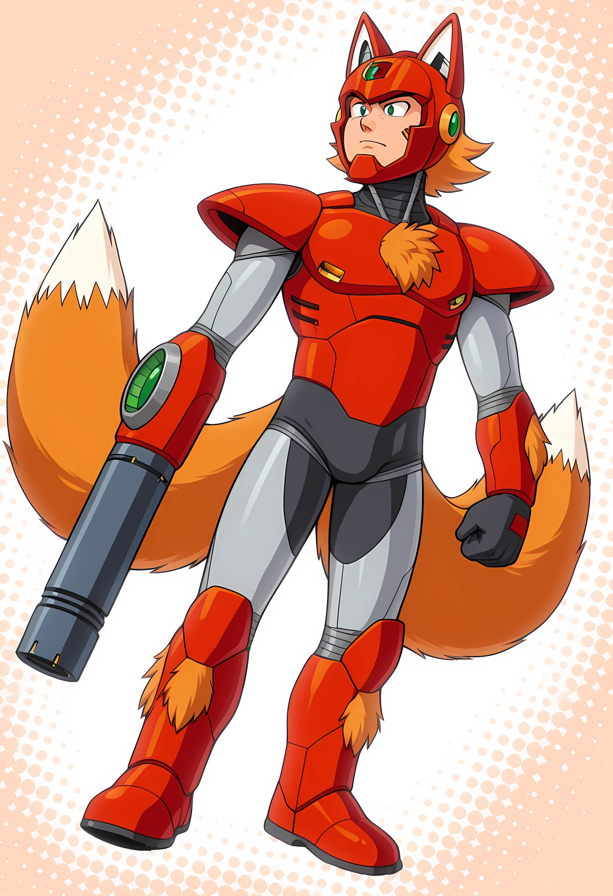 masterpiece, best quality, amazing quality, dutch angle, abstract background, BREAK
robotmaster, red armor, android, BREAK
1boy, solo, male focus, elphkun, fox ears, helmet, arm cannon, chest tuft, arm tufts, leg tufts, 2 tails, two tails, BREAK
<lora:cfg_scale_boost:.6> <lora:Elph_Kitsuoka_-_ILXL:0.6> <lora:Robot_Master_-_Mega_Man_-_ILXL:1.0>