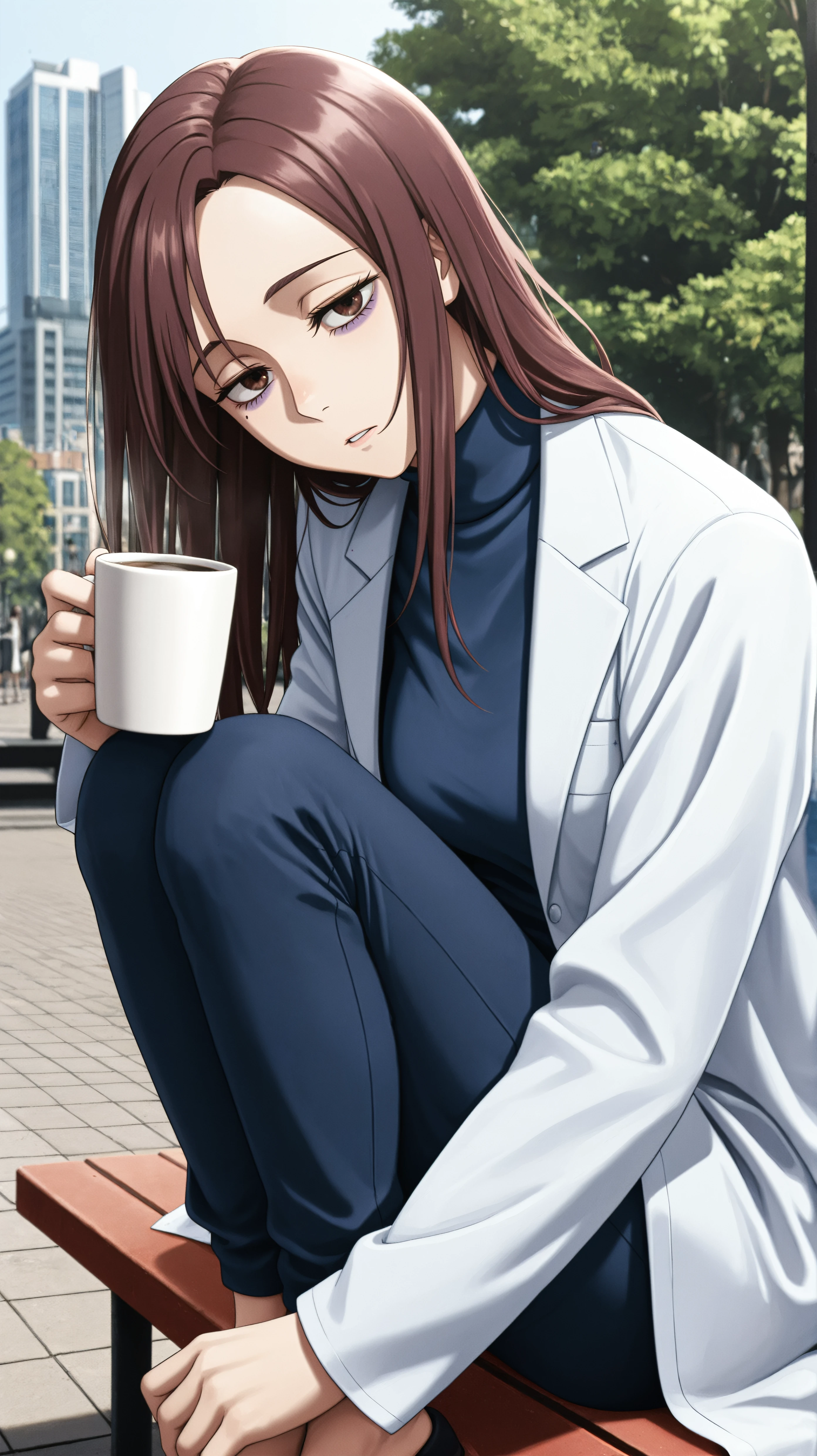 masterpiece, best quality, amazing quality, girl, sitting with hands around her ankles, <lora:Shoko Ieiri - Illu:0.9>, aShoko, long hair, brown hair, brown eyes, eyebags, purple eyeshadow, blue turtleneck, labcoat, birthmark under eye, outdoors, city park, tired, holding cup of coffee,