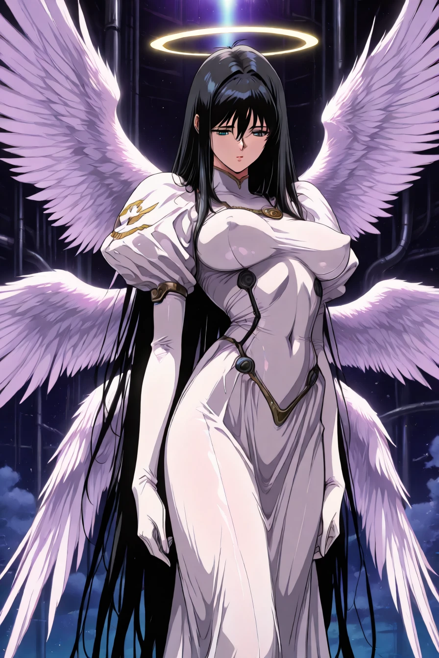 <lora:Misa_Suzuhara_Pony:0.4> , misa suzuhara, long hair, black hair, very long hair, hair between eyes, perky breast, gloves, dress, detached sleeves, white dress, covered navel, wings, angel wings, angel, multiple wings, symmetrical angel wings, 1girl, solo, alone, <lora:retro_cyberpunk_fusion_illustriousXL_by_zura_janai:1>, retro_cyberpunk_fusion, retro, retro artstyle, masterpiece, highres