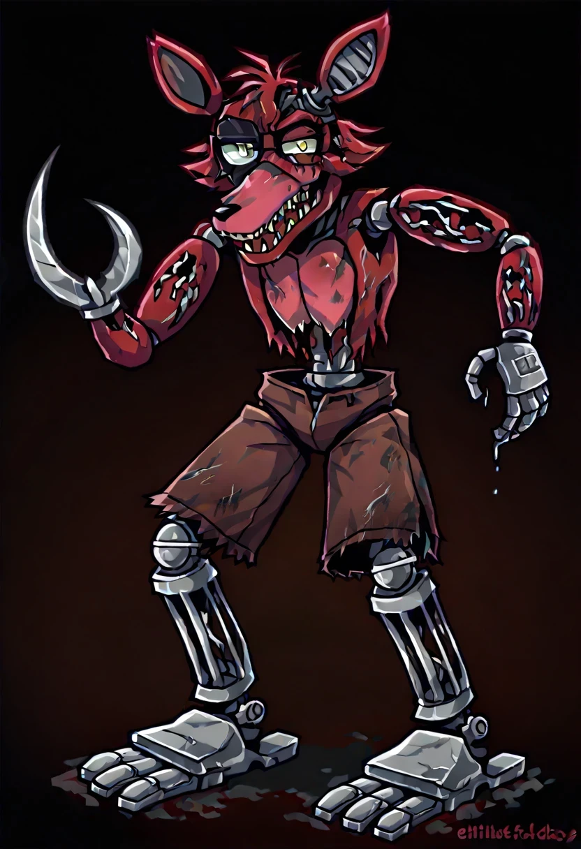 WitheredFoxyFNAF, 1boy, dirty red fur, few stray hairs on top of head, left ear is missing, damaged, yellow eyes, black eyepatch on right eye, thin sharp teeth, thin, sharp silver hook on left hand, metal legs, brown shorts, withering, robot joints, horror, metal right hand, solo, full body