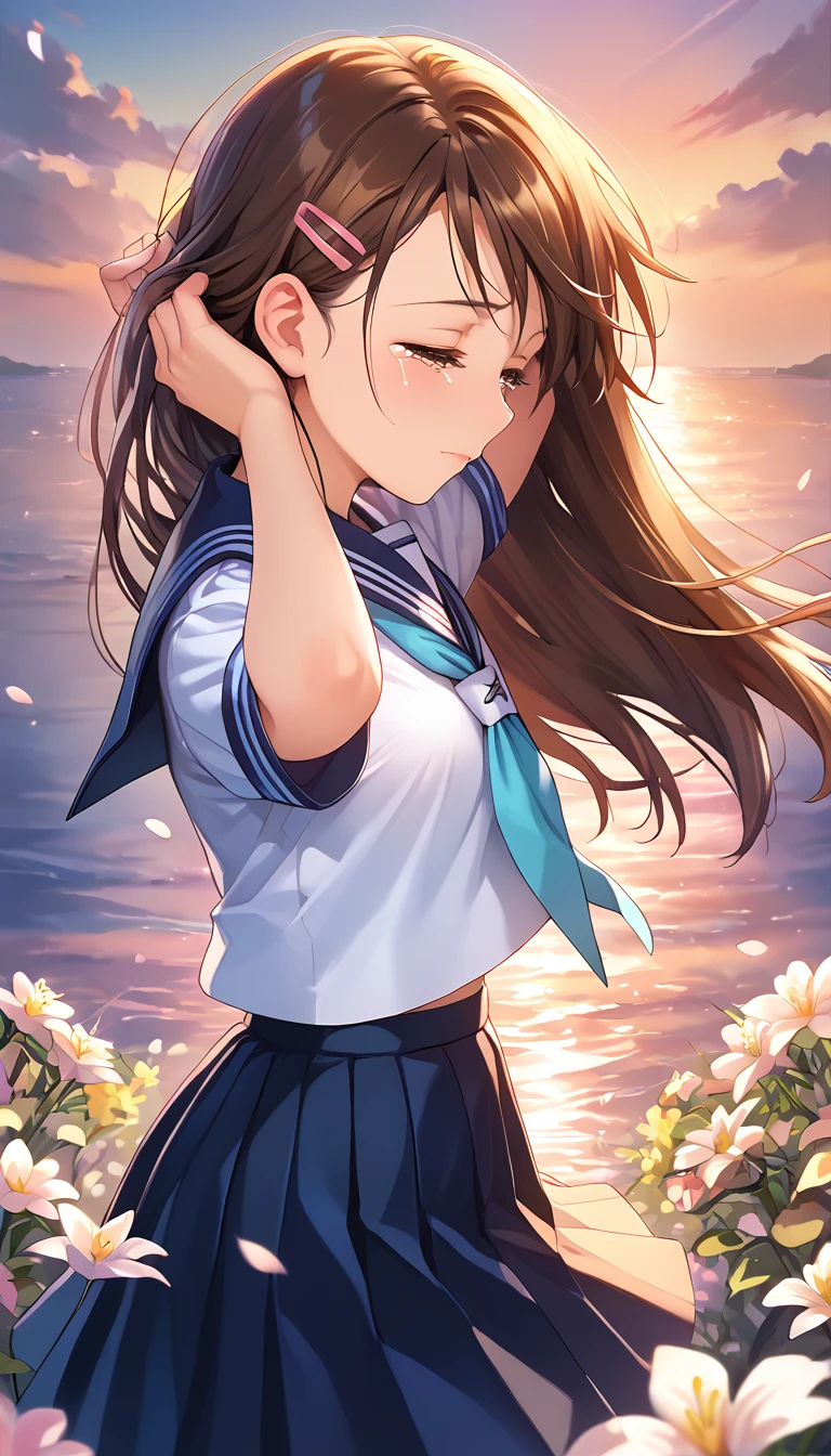 anime screencap,score_9,score_8_up,score_7_up,source_anime,official style,
BREAK
best quality,((masterpiece)),highly detailed,ultra-detailed,(illustration),(beautiful detailed eyes),
1girl,solo,outdoors,sea skyline,numerous flower(narcissu),sunset,wind lift,narcissu_petals,mid_shot,
gloom,half-closed eyes,tears,closed mouth,adjusting hair,head down,from side,
BREAK
<lora:(PONY)SETSUMI-10:1>,narcissu,setsumi_sakura,brown hair,brown eyes,long hair,school uniform,white serafuku,pink hairclip,aqua neckerchief,skirt,blue sailor collar,
BREAK
<lora:badanatomy_AutismMix_negative_LORA:-0.3>,