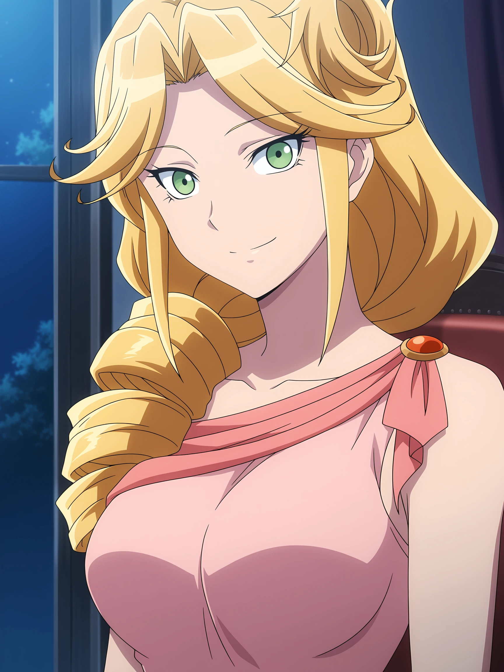 best quality, official art, anime screenshot, anime coloring, adult female, 1girl, solo, medium breasts, blonde hair, drill hair, green eyes, long hair, hair over shoulder, lakyus, <lora:RGV_Lakyus_OVL:0.9>, pink dress, looking at viewer, smile
