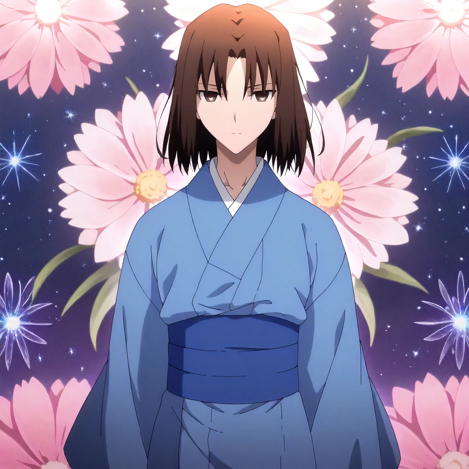 <lora:KnK_ryougi_shikiXLIllustrious001>,
masterpiece,best quality,good quality,newest,
flower background,glitter,
expressionless,
looking at viewer,
solo,
anime coloring,
ryougi_shiki\(kara_no_kyoukai\),1girl,black brown hair,medium hair,brown eyes,
blue kimono,
standing,
