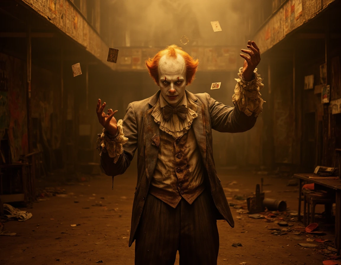 <lora:{moody, }Moody-000019:0.85> moody, A hauntingly realistic image depicting a moody and creepy clown standing alone in the center of a dimly lit, abandoned circus, surrounded by tattered remnants of a once vibrant big top. The clown has pale skin with a subtle sheen of sweat, exaggerated facial features, and a twisted, painted-on smile that seems to hide a dark secret. His eyes are sunken, with dark circles underneath, and his bright orange wig is messy and unkempt. He wears a faded, oversized suit with torn sleeves and a large, stained bow tie, giving off an air of neglect and despair. The clown's pose is one of intense focus, his hands weaving intricate patterns in the air as he performs a magic trick, with a deck of cards floating mysteriously above his palms. The lighting is warm and golden, but with an eerie, unsettling quality, as if the shadows themselves are alive and watching. The atmosphere is thick with the scent of decay and forgotten dreams, and the air is heavy with the weight of secrets and untold stories. The abandoned circus around him is a testament to the transience of joy and the inevitability of decline, with rusty circus equipment, old trapezes, and faded circus posters hanging from the walls. In the background, the faint outline of a Ferris wheel and a merry-go-round can be seen, shrouded in a thick layer of fog and mist. The shot is a close-up, with a shallow depth of field, focusing sharply on the clown's face and hands while blurring the surrounding environment, creating a sense of unease and discomfort. The image is rendered in exquisite photorealistic detail, with every texture, from the rough, painted-on smile to the tattered fabric of the clown's suit, meticulously captured in 4k resolution, drawing the viewer into the dark, moody world of the abandoned circus. The overall mood is one of foreboding and unease, as if something is waiting to emerge from the shadows, and the magic trick is merely a distraction from the horrors that lurk beneath the surface. 8k highest resolution with sharp intricate details. Hyperrealistic, detailed, and vivid. . 35mm photograph, film, bokeh, professional, 4k, highly detailed