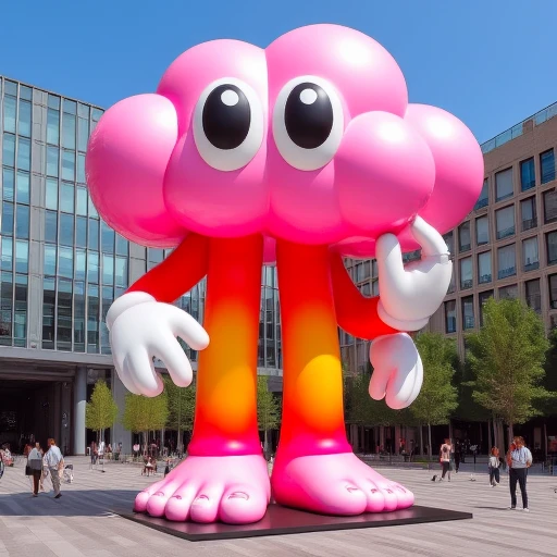 The image is a vibrant, high-quality photograph of a whimsical, large-scale cartoon-style sculpture in a modern urban setting. The sculpture, composed of clouds is a fantastical figure with a pink cloud body, large, expressive eyes, and exaggerated limbs. The cloud has a gradient from pink at the top to a gradient of orange and yellow at the bottom. The figure has three flame orange coloured long arms and wears white gloves, it has two bendy flame orange coloured legs with oversized, exaggerated proportions, ending in large, cartoonish feet with white, rounded toes transitioning into a fresh pink gradient. The sculpture stands in a large, open plaza. The plaza is paved and surrounded by modern buildings with large windows and glass facades. large-scale, vinyl toy, cartoonish, vivid colours, plastic polymer, metallic, glossy, polymer style,