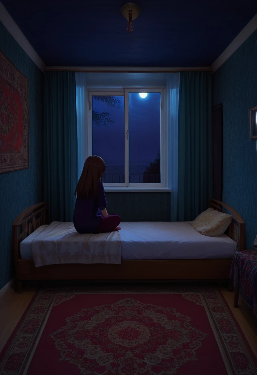 masterpiece, high quality, hrushch, room, 1girl, solo, sitting, window, dark, night, indoors, bed, carpet, moonlight,