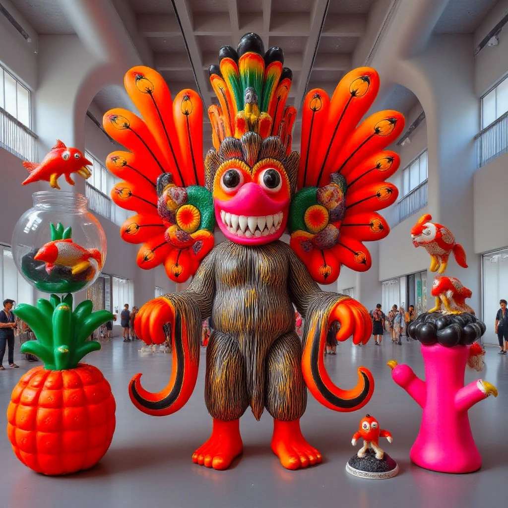 The image is a high-resolution photograph of a fantastical, large-scale sculpture inside a sprawling atrium of a contemporary art museum. The central figure is a whimsical, divine being styled after Sri Lankan, ves muhunu masks, reimagined in a playful, surreal form. The character stands dramatically, Its exaggerated mask face features a wide grin with shimmering white teeth and massive eyes and a orangish pink beak shaped like a toucan. Surrounding the character are floating dreamlike objects, a glowing orange pineapple, a floating see through fishbowl with a smiling goldfish inside, a black volcano erupting black ash, and a neon pink scroll with tiny arms and legs. The figure’s costume is decorated with cartoon monkeys, fruit patterns, and metallic thunderbolt textures. large-scale, vinyl toy, cartoonish, vivid colours, plastic polymer, metallic, glossy, polymer style