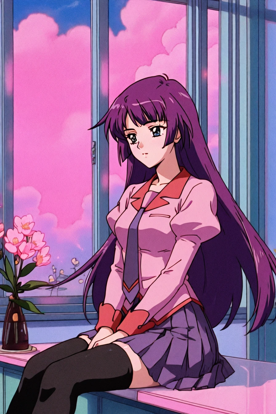 hitagi senjougahara, bangs, long hair, blue eyes, purple hair,skirt, thighhighs, school uniform, necktie, black thighhighs, zettai ryouiki, naoetsu high school uniform, 1girl, solo, alone, indoor, sitting, window, pink cloud, flower, <lora:retro_lofi_vibe:1>, retro_lofi_vibe, retro artstyle, masterpiece, highres