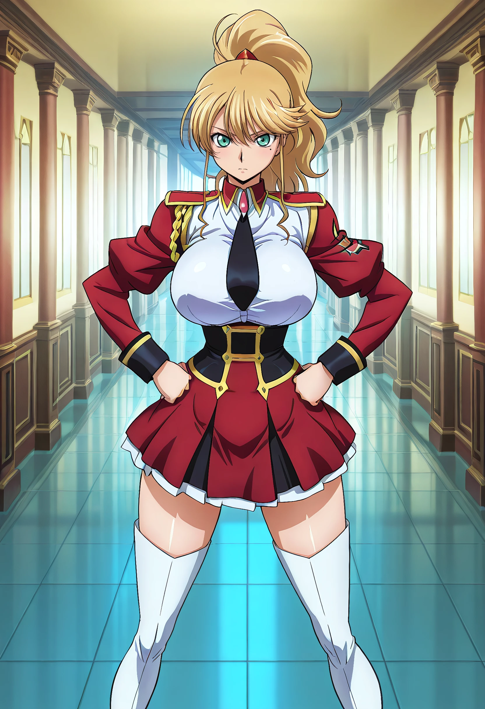 masterpiece, best quality, 1girl, on all four , standing, cowboy shot,  looking at viewer, school uniform, red dress yellow trim around bottom, red tie, white collared button up undershirt, black top with suspender,   blond hair, plaits, black highthigh high socks,  large breasts, indoors
 <lora:bibleBlackStyle_10:0.85><lora:mogudanStyleLora_v10:0.85>