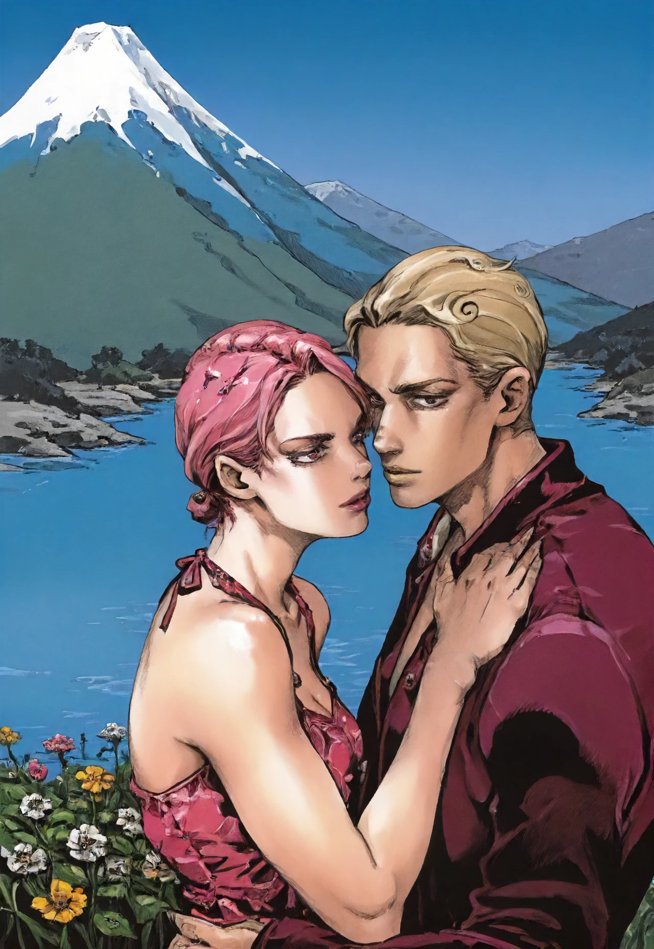 1man,1girl, upper body, summer, mountain with river, flowers, detailed faces, (man is blond) with purple jacket, girl is pretty with pink hairs, look at each other, evil face man, best quality, jojo style by araki hirohiko, (kira yoshikage)