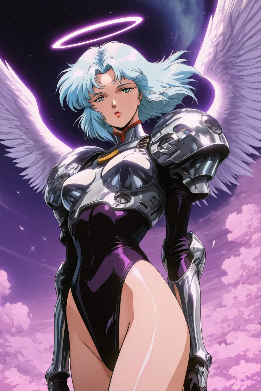 1girl, solo, alone, angel, wings, looking at the viewer, <lora:retro_cyberpunk_fusion_illustriousXL_by_zura_janai:1>, retro_cyberpunk_fusion, retro, retro artstyle, masterpiece, highres