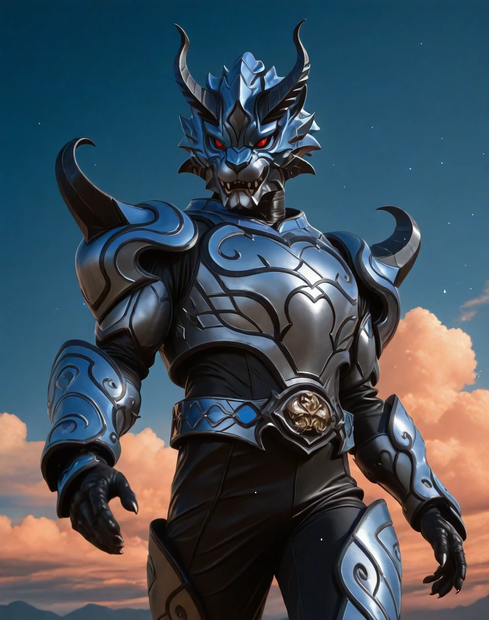 photographic realism, 8K CGI render, hyper realism, intricate details, Z brush sculpt, perfect depth of field shot, masterclass color theory, gradient style coloring, bright vivid coloring, source_furry, furry_art, bara, kemono,
<lora:Fangire_(Kamen_Rider_Kiva)_(Illustrious)_(AD):1> fangire, Kamen Rider Kiva, armor,
dynamic action, dutch angle, dark background coloring, sky with clouds, cowboy shot,
glossy armor, solo, in the style of a Super Sentai show, male focus, muscular, fierce intimidating posture and gait, trending on Artstation, perfect proportions, lion fangire, blue and white and silver armor,
EZRealPONYXL, zPDXL, Smooth Quality, lazynsfw,