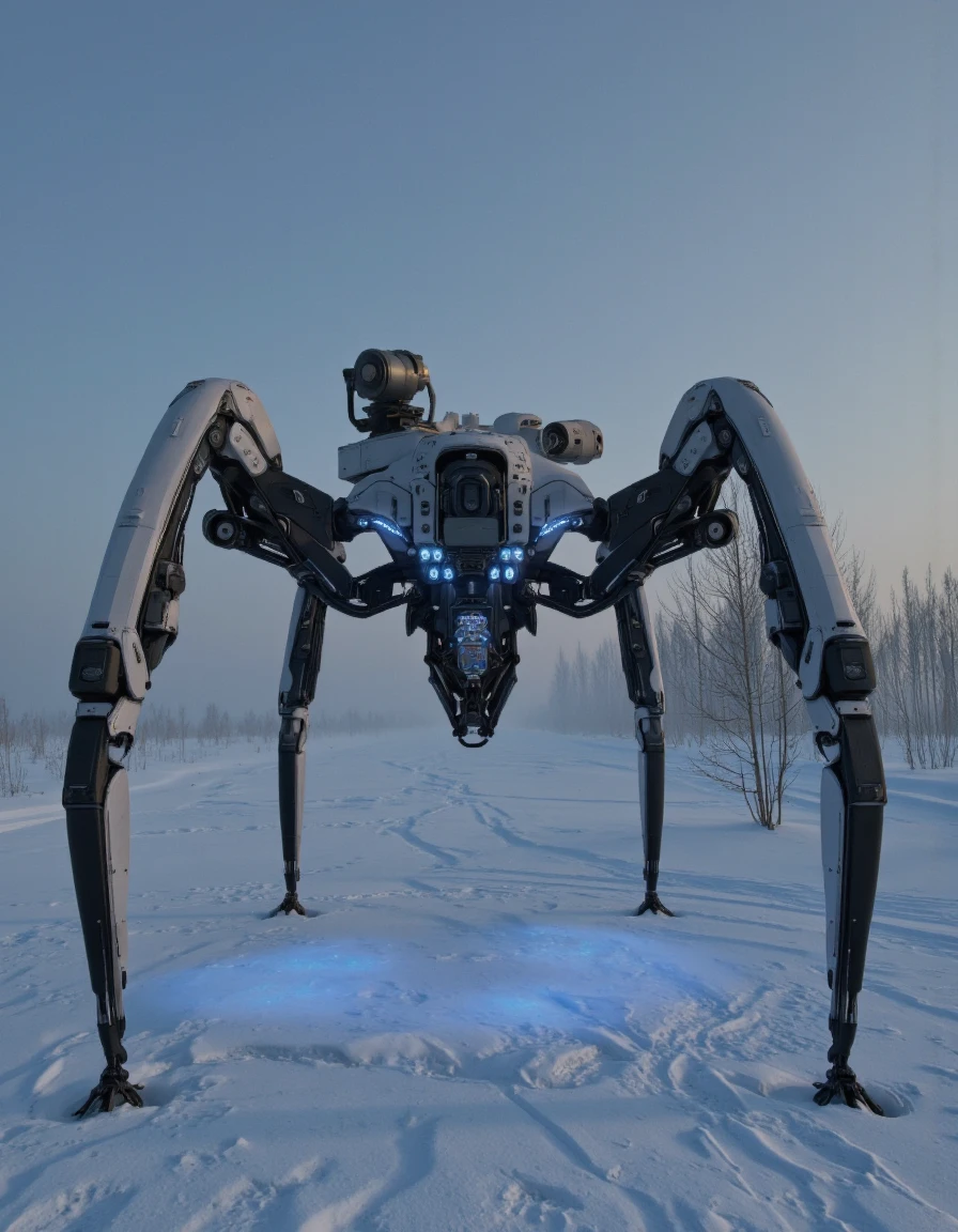 A photo-realistic shoot from a front camera angle about a futuristic robot standing in a snowy landscape at dusk. the image also shows a large, robotic spider-like creature with multiple arms and legs, standing in the middle of the image. on the center of the frame, the robot appears to be a humanoid robot, with a sleek, white and black color scheme and intricate mechanical details. the robot has a large gun mounted on its back, with multiple blue lights that illuminate the entire body. it is facing the viewer, and its legs are spread wide, giving a sense of movement. the background is a misty, foggy landscape with a clear blue sky and distant trees. the lighting is soft and diffused, casting gentle shadows on the robot's body. the overall mood is cold and atmospheric, with the robot standing out against the muted colors of the sky and snow.