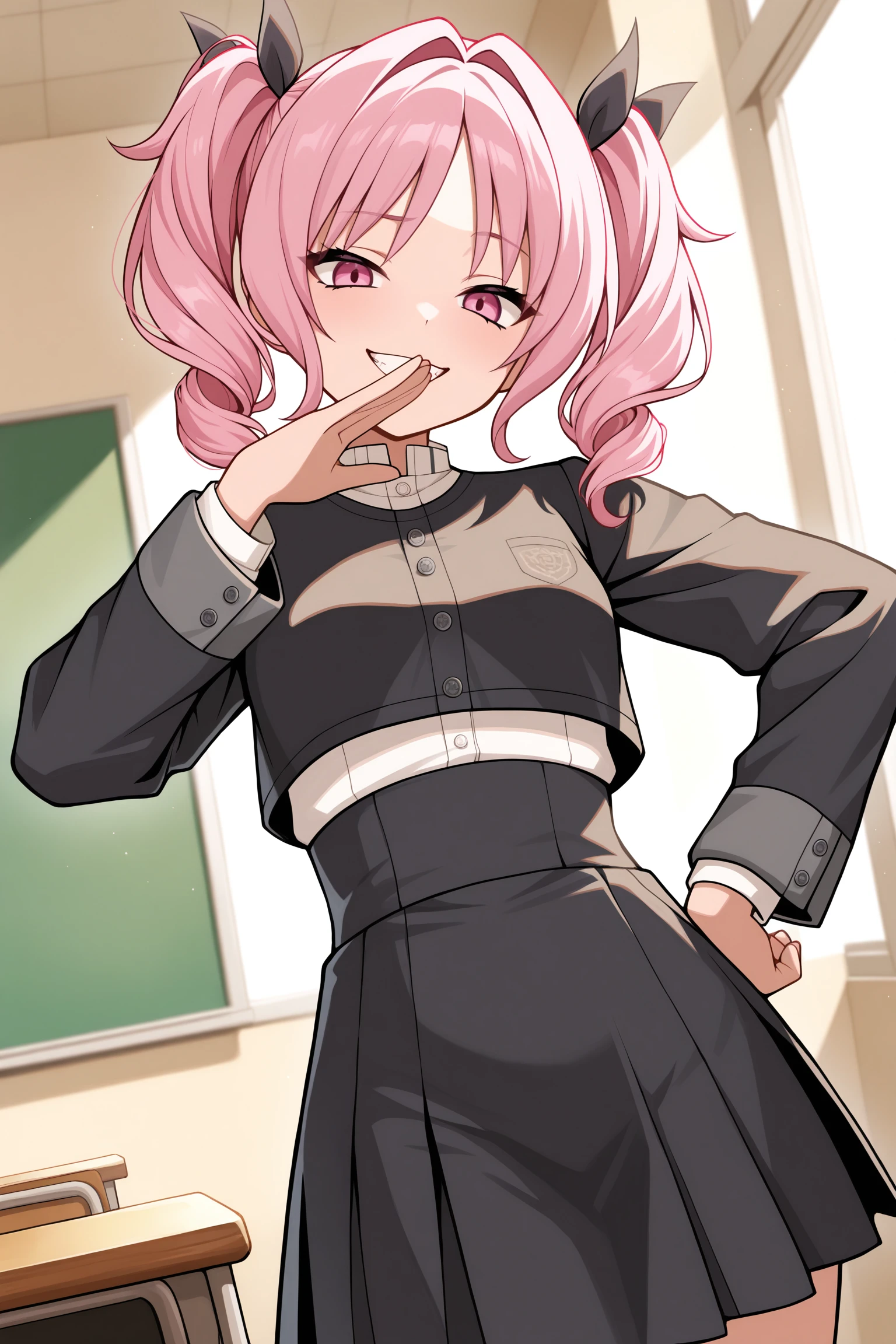 masterpiece, best quality, very aesthetic, aoinadeshiko, solo, indoors, classroom, pink hair, hair intakes, hair black ribbons, twin drills, parted bangs, drill hair, medium hair, pink eyes, small breasts, black jacket, cropped jacket, blazer, collared shirt, white shirt, buttons, long sleeves, left hand to own mouth, right hand on own hip, black skirt, high-waist skirt, school uniform, evil smile, grin, <lora:Aoi-Nadeshiko:0.7>