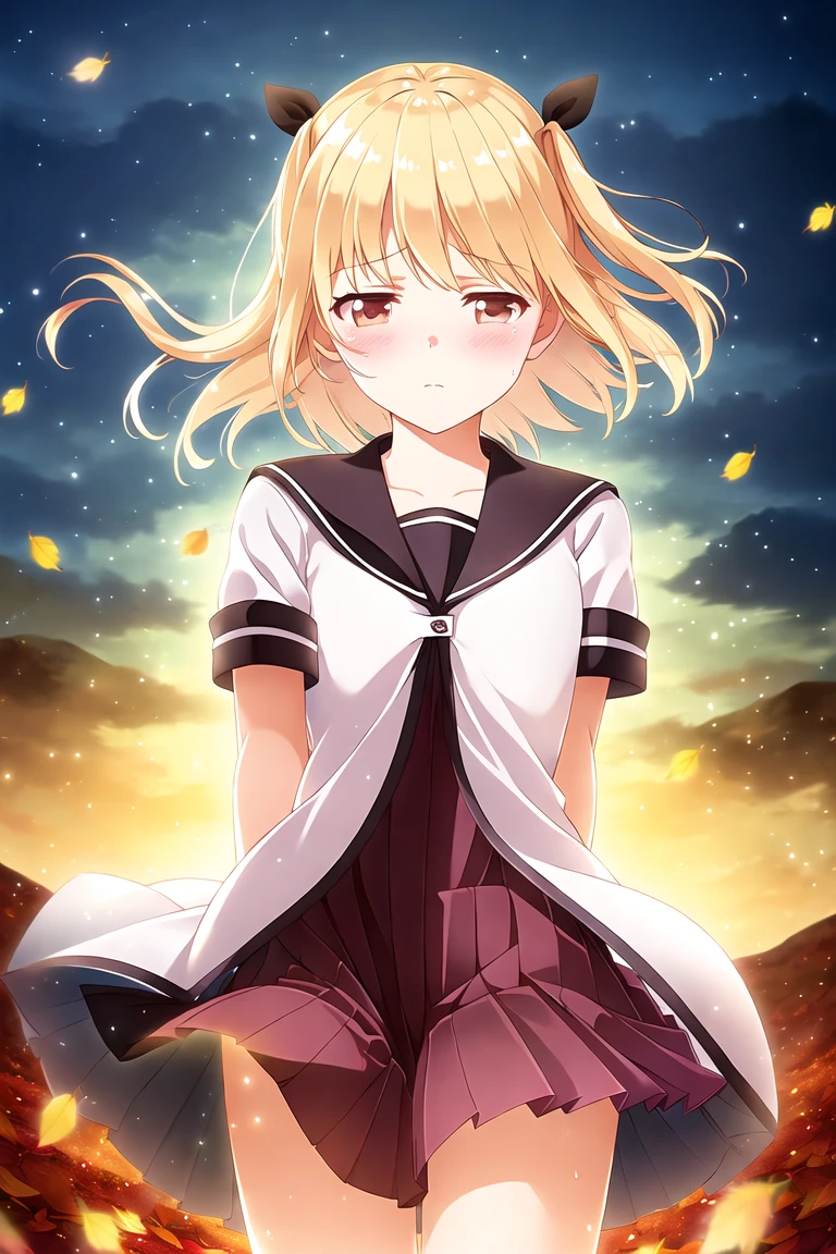 masterpiece, high quality, 1girl, iijima yun, gentle expression, soft smile, melancholic, teary eyes, looking up, soft lighting, fantasy atmosphere, floating lights, glowing particles, subtle magic, ethereal glow, warm color palette, autumn leaves, dreamy background, emotional depth, delicate features, nanamori school uniform, short sleeves, serene landscape, gentle breeze, cinematic lighting, magical realism