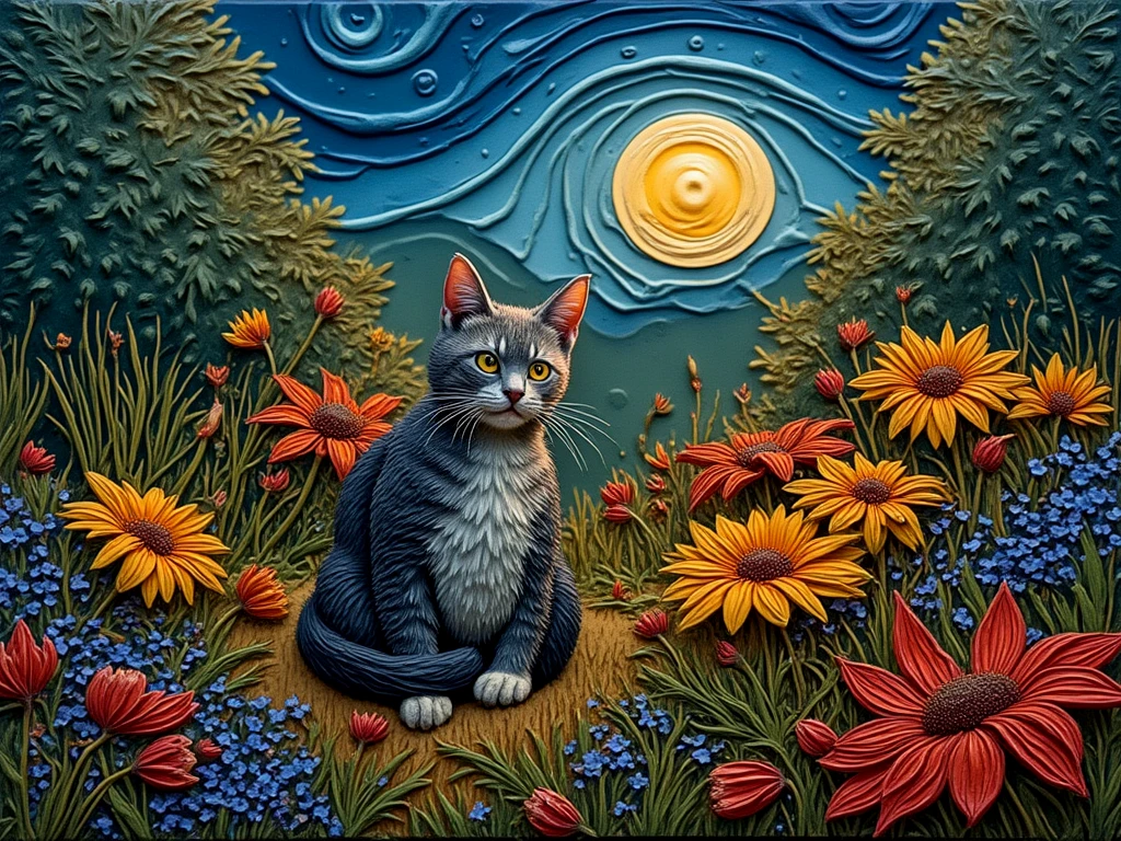 Clay art. A cat in a garden filled with flowers on a moonlit night.

clyartCE_style