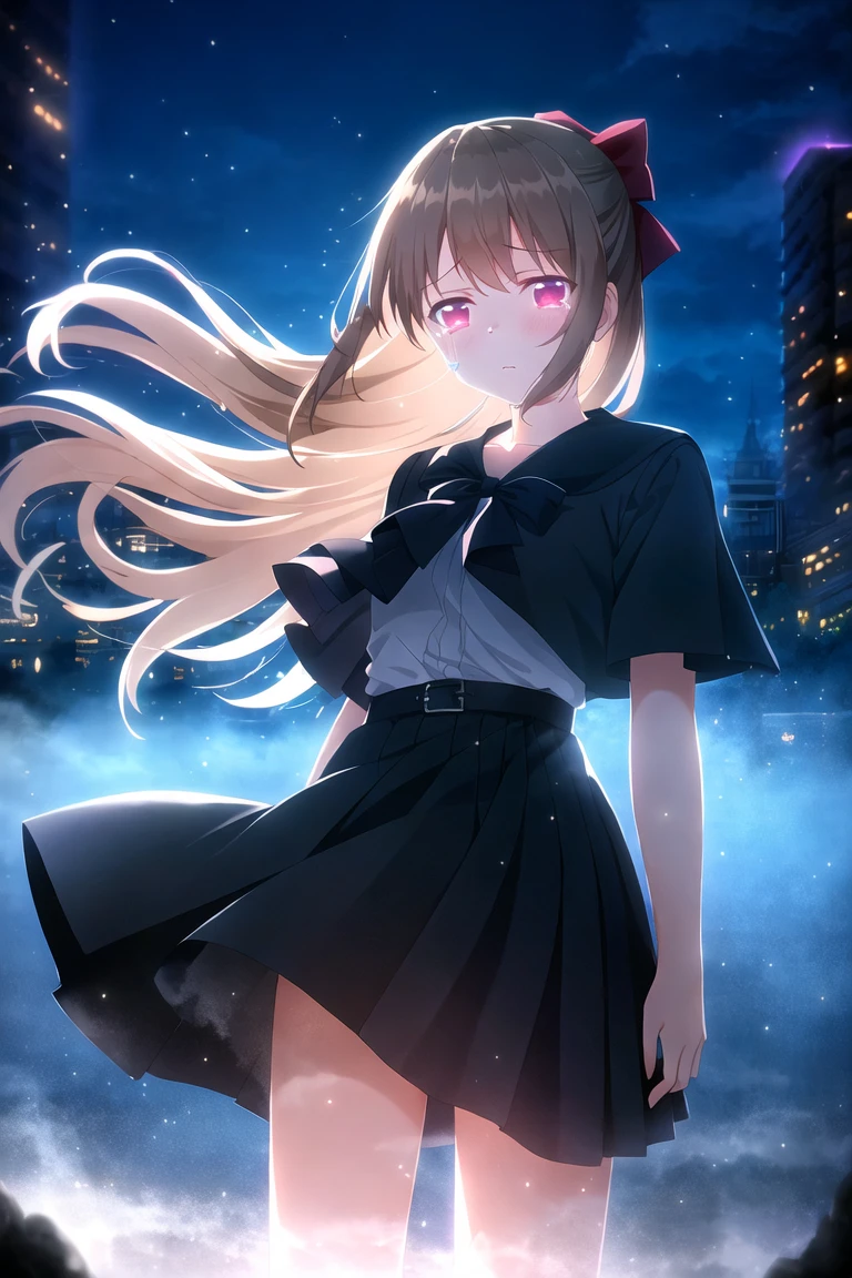 masterpiece, high quality, solo, 1girl, inatomi yuyu, long flowing hair, dramatic lighting, melancholic expression, standing alone, night sky, glowing city lights, cinematic shot, emotional depth, looking into the distance, wind blowing hair, subtle tears, broken but determined, black dress, ethereal glow, fantasy atmosphere, glowing particles, dark yet hopeful, soft focus, dynamic pose, powerful yet fragile