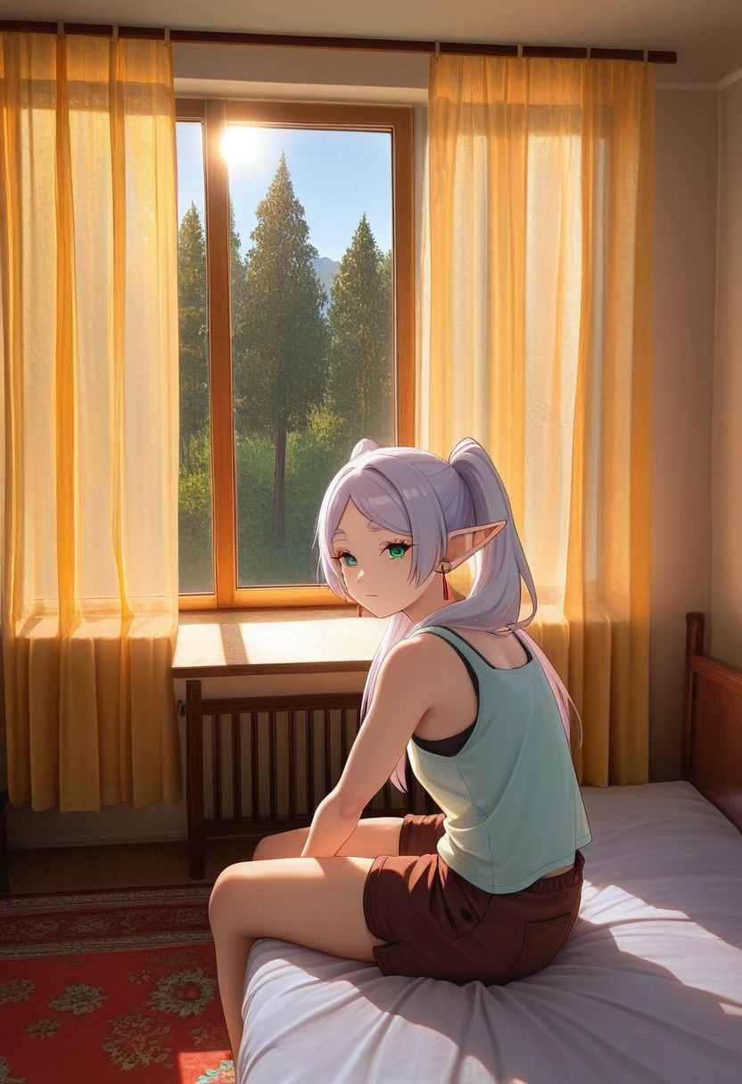 masterpiece, high quality, 1girl, solo, frieren, tank top, shorts, looking at viewer, cowboy shot, from side, hrushch, room, scenery, indoors, window, sunlight, day, tree, sky, curtains, carpet, bed, sitting,
