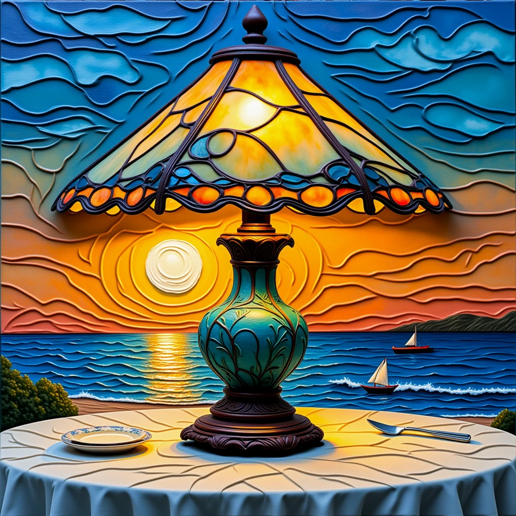Clay art. A clay Tiffany lamp on a table by the seaside at sunset.
clyartCE_style
