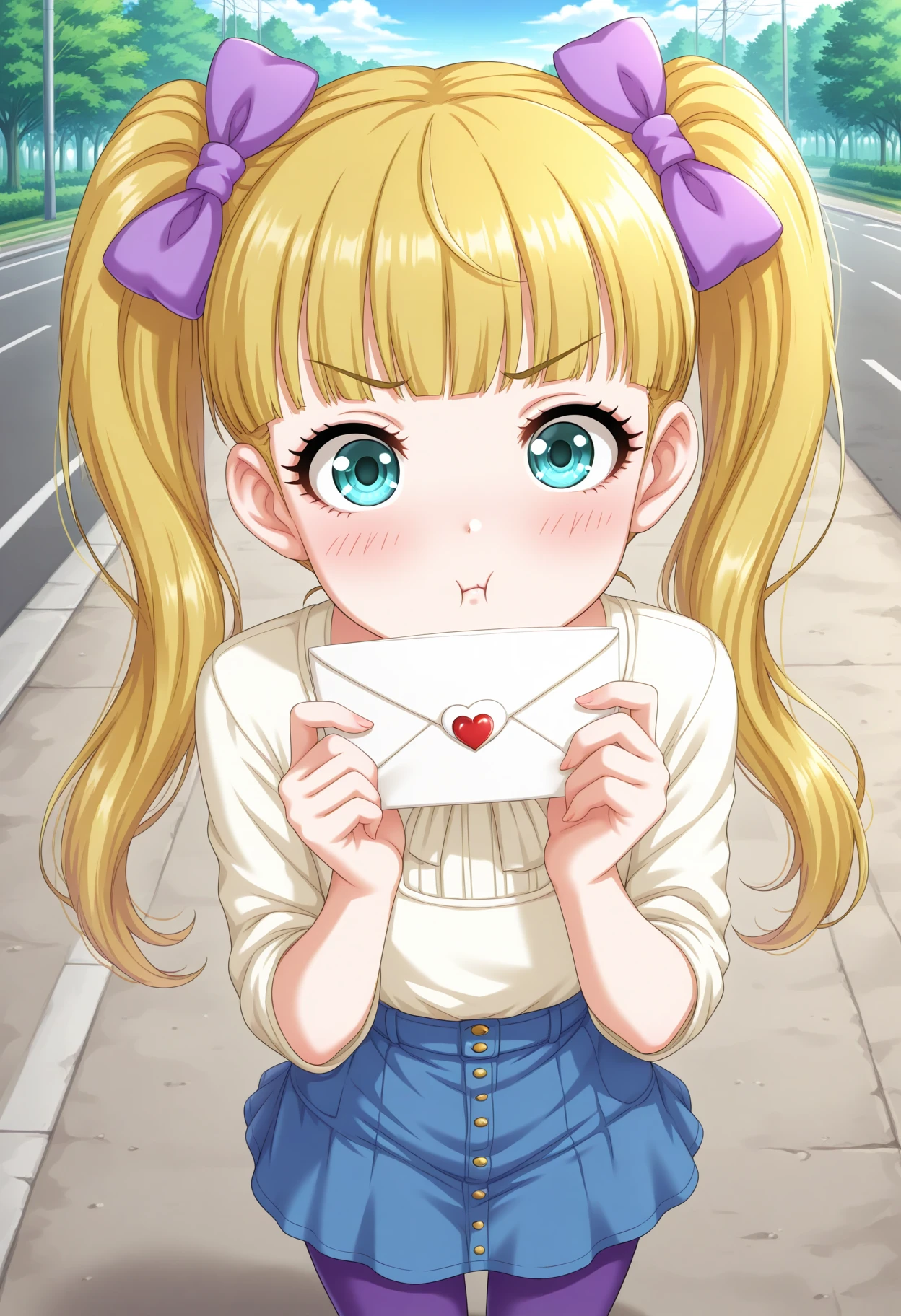 masterpiece, best quality, amazing quality, 1girl, solo, makeup, blush, upper body, perspective, front angle, dynamic, general, pout, outdoors, road, hands up, <lora:Mary_Cochran_Cinderella:1>, Mary_Cochran_Cinderella, long hair, blonde hair, twintails, hair bow, blue eyes, blunt bangs, white top(letter), jean skirt(mini), purple leggings, <lora:wai-Rectified-s:1>, <lora:prompt_extend:1>