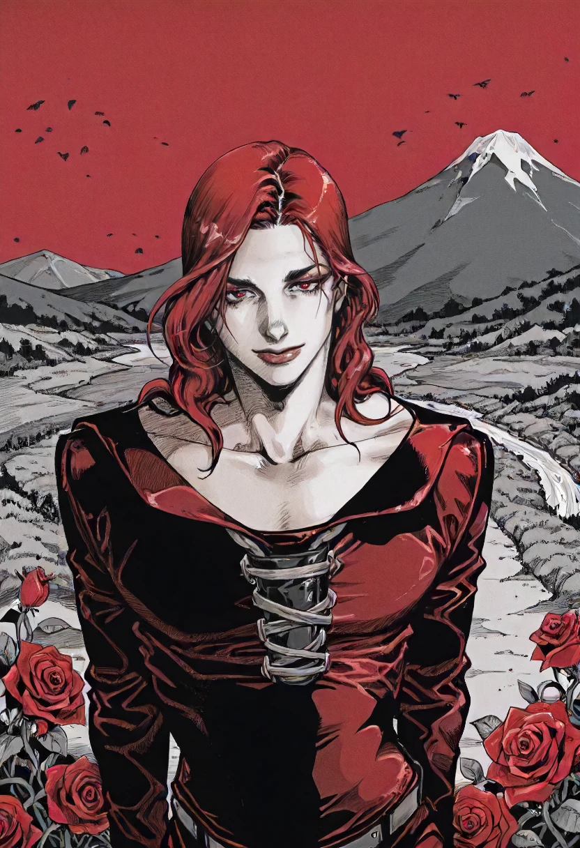 1man, upper body, roses in background, black and red colors, summer, mountain with river, flowers,  detailed face, long hair, red hairs, black shirt, best quality, jojo style by araki hirohiko