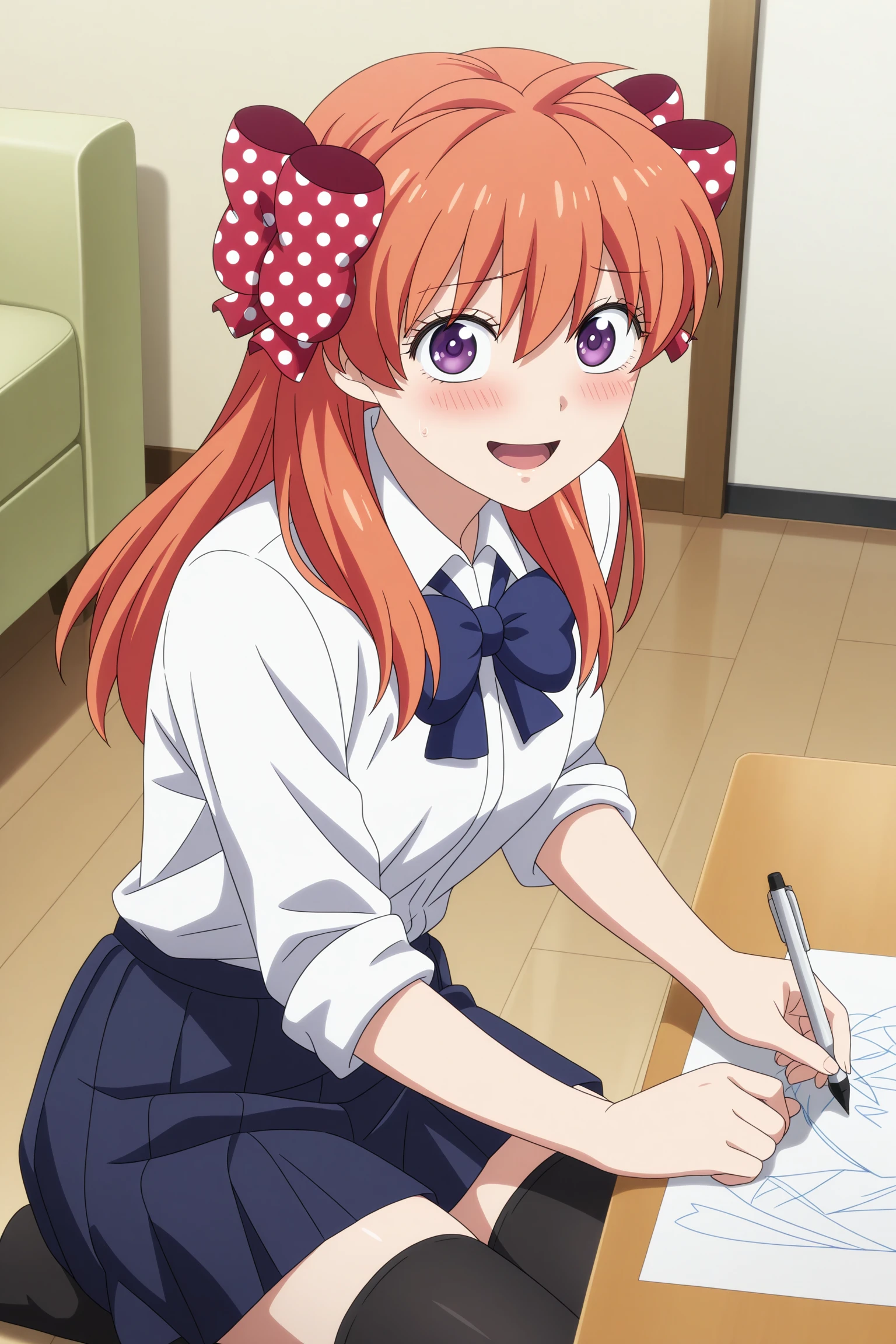 masterpiece, best quality, amazing quality, highres, absurdres, very aesthetic, high resolution, ultra detailed, perfect details, 1girl, solo, indoors, living room, sakura chiyo, long hair, orange hair, red hair ribbon, polka dot ribbon, purple eyes, three-quarter sleeves, sleeves rolled up, white shirt, collared shirt, blue bowtie, blue skirt, pleated skirt, black thighhighs, <lora:Chiyo_Sakura_ILXL:0.8>, aged up, (cowboy shot:1.5), looking at viewer, smile, (anime coloring:1.5), (pose:1.1), holding pen, table, seiza, embarrassed, open mouth, paper, drawing