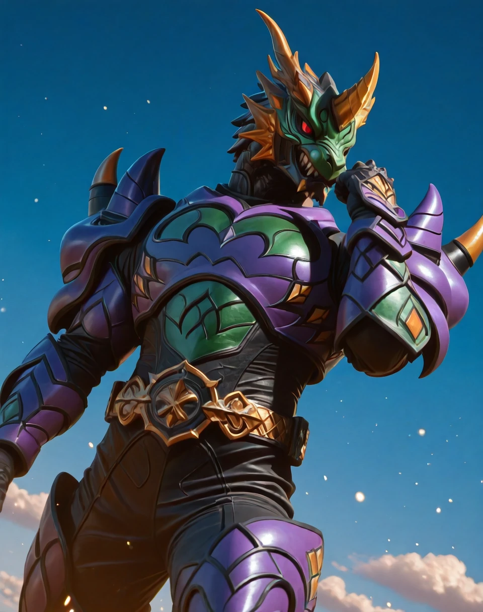 photographic realism, 8K CGI render, hyper realism, intricate details, Z brush sculpt, perfect depth of field shot, masterclass color theory, gradient style coloring, bright vivid coloring, source_furry, furry_art, bara, kemono,
<lora:Fangire_(Kamen_Rider_Kiva)_(Illustrious)_(AD):1> fangire, Kamen Rider Kiva, armor,
dynamic action, dutch angle, dark background coloring, sky with clouds, cowboy shot,
glossy armor, solo, in the style of a Super Sentai show, male focus, muscular, fierce intimidating posture and gait, trending on Artstation, perfect proportions, dragon fangire, blue and green and white and gold and purple armor,
EZRealPONYXL, zPDXL, Smooth Quality, lazynsfw,