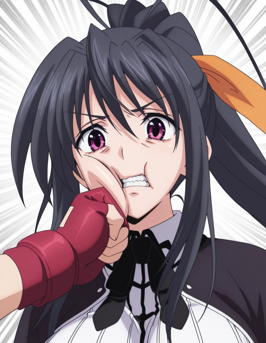 masterpiece, best quality, amazing quality,, <lora:akeno-himejima-s1-illustriousxl-lora-nochekaiser:1>, akeno himejima, himejima akeno, long hair, black hair, ribbon, very long hair, purple eyes, hair ribbon, ponytail, antenna hair, mature female, breasts, anime screencap,, <lora:face-punch-illustriousxl-lora-nochekaiser:1>, face punch, fingerless gloves, punching, clenched teeth, emphasis lines, upper body, punched, in the face,,