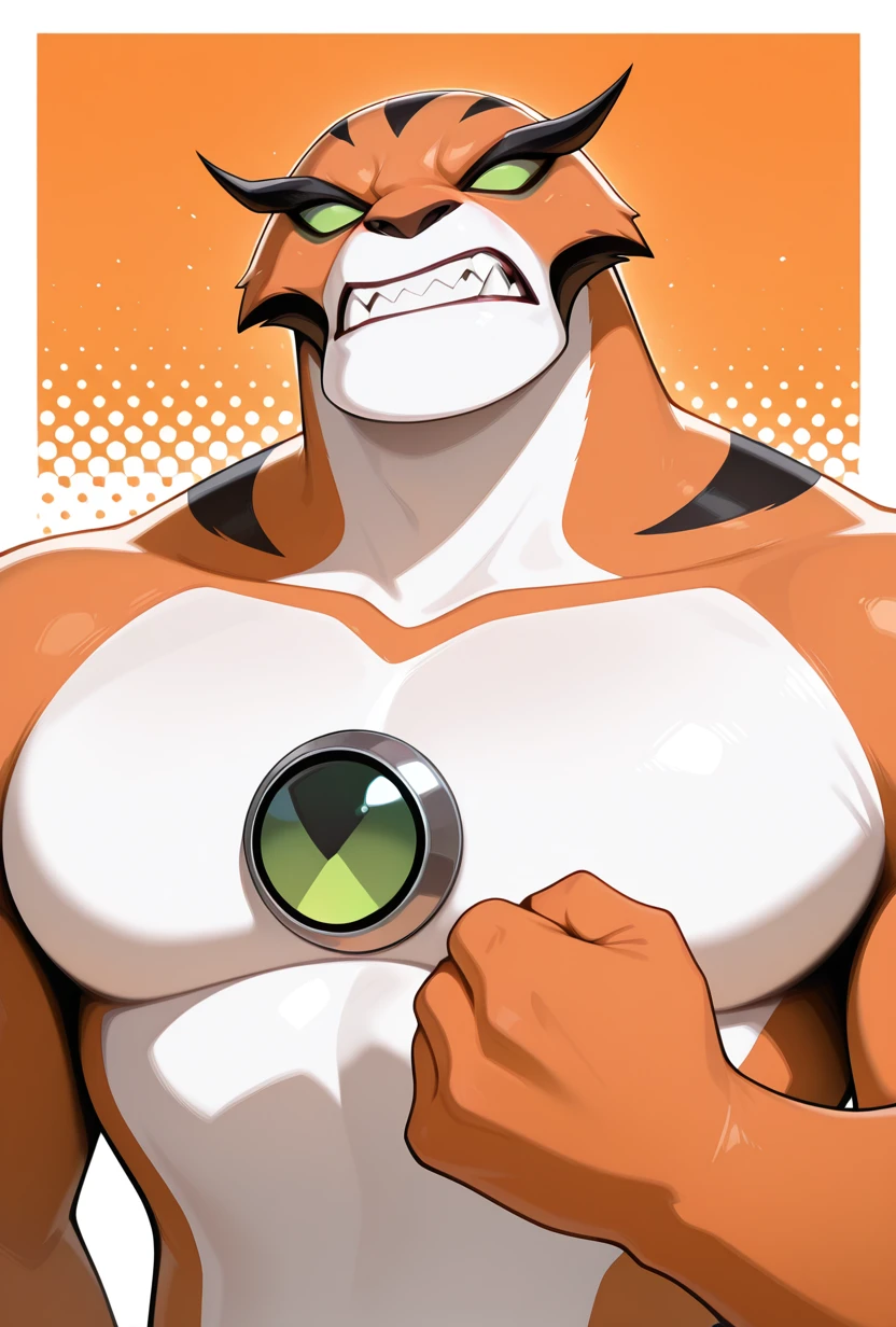 <lora:rath-10:1> rath, furry, 1boy, green eyes, green sclera, solo, no humans, clenched teeth, fangs, orange fur, sharp teeth, big arms, no pupils, big body, orange background,, upper body, halftone effect, white borders, abstract background:1.2,, masterpiece, best quality, amazing quality, very aesthetic, absurdres, newest,