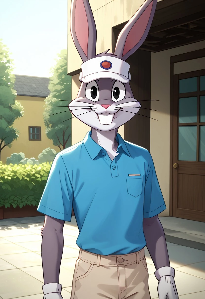 score_9_up, score_8_up, score_7_up, masterpiece, best quality, amazing quality, very aesthetic, absurdres, newest, high quality, detailed, male, solo male, BugsBunny, 1boy, mature male, male, athletic build, rabbit, black eyes, grey fur, light underbelly, whiskers, blue polo shirt, tan shorts, white visor, outdoors, country club, looking at viewer, smiling, volumetric lighting, day time, half body