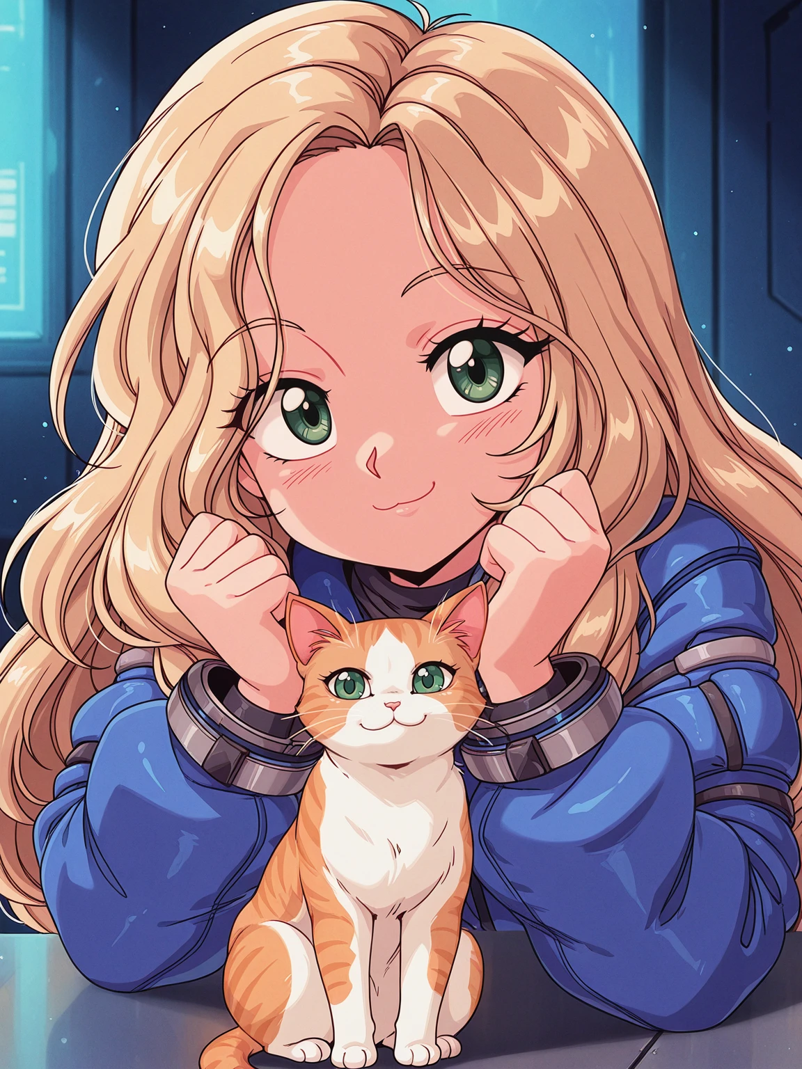 <lora:Diana Pragmata IL:0.75> xdianax
blonde hair, green eyes, smile, cute, looking at viewer
<lora:Bluethebone_Style:0.7> bl3th3bn3_styl3_sknsfw, 1990s //(Style//),
with pussycat, cat