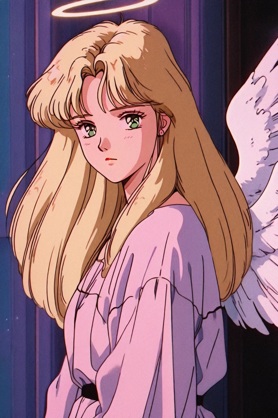 1girl, solo, alone, angel, wings, looking at the viewer, <lora:retro_lofi_vibe:1>, retro_lofi_vibe, retro artstyle, masterpiece, highres