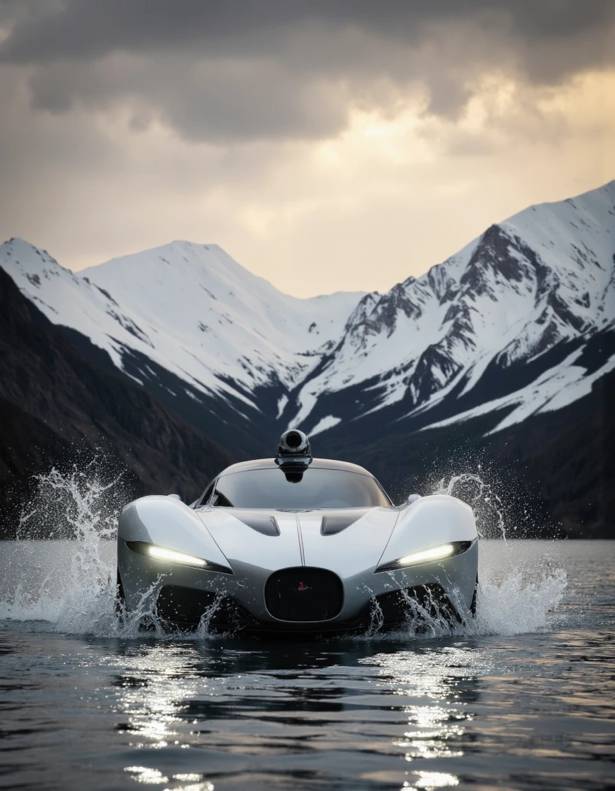 futuristic design. A photo-realistic shoot from a front camera angle about a futuristic car driving through a mountainous landscape during sunset. the image also shows a serene, mountainous landscape with snow-capped mountains in the background. on the middle of the image, a silver, futuristic car with a sleek, aerodynamic design is seen from the front, with its headlights glowing brightly. the car is positioned in the center of the frame, with the water rippling around it, creating a sense of movement and energy. it appears to be a self-driving car, with a camera mounted on the roof, and its headlights are turned on, giving it a futuristic look. the sky is cloudy, and the overall atmosphere is one of serenity and adventure.
