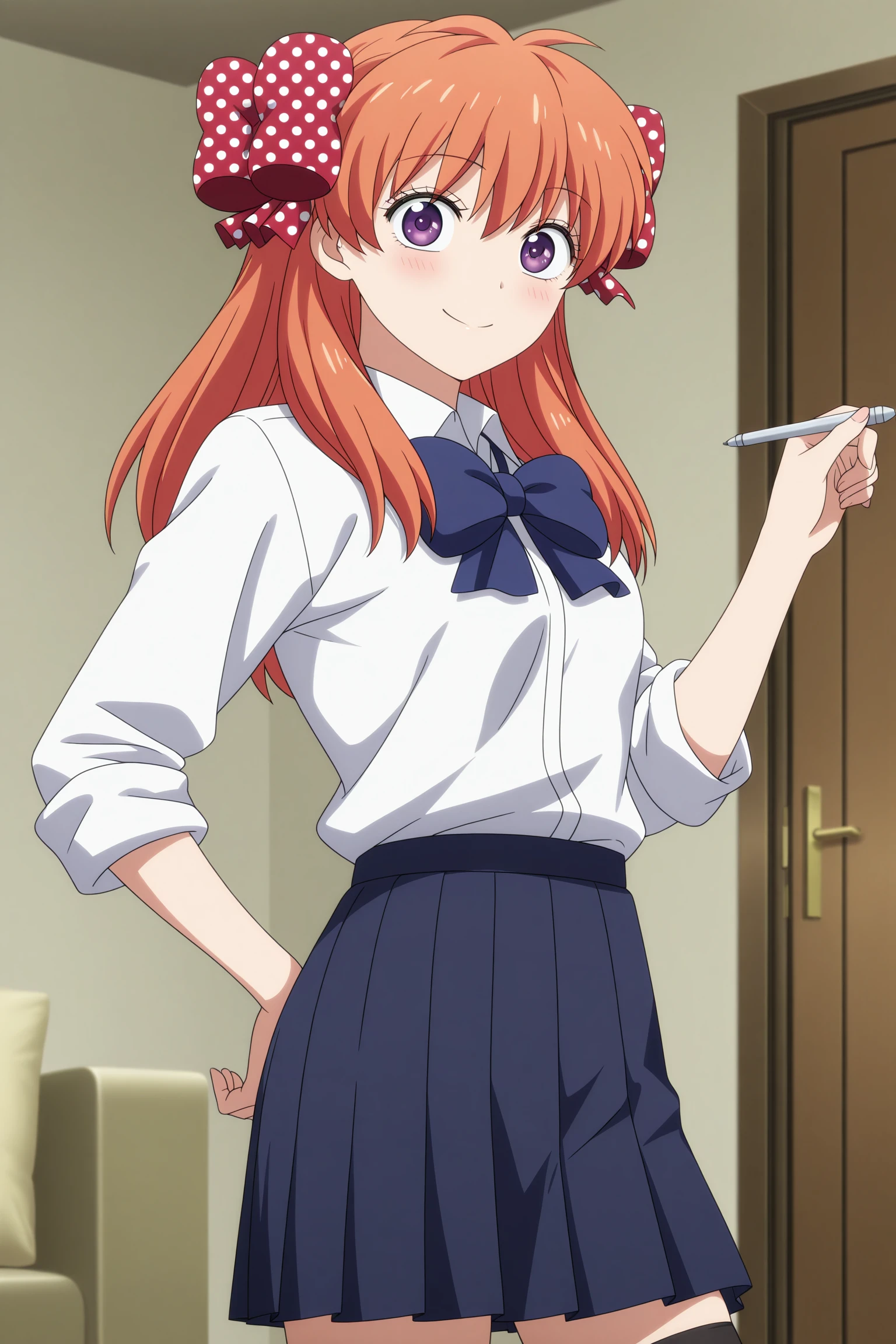 masterpiece, best quality, amazing quality, highres, absurdres, very aesthetic, high resolution, ultra detailed, perfect details, 1girl, solo, indoors, living room, sakura chiyo, long hair, orange hair, red hair ribbon, polka dot ribbon, purple eyes, three-quarter sleeves, sleeves rolled up, white shirt, collared shirt, blue bowtie, blue skirt, pleated skirt, black thighhighs, <lora:Chiyo_Sakura_ILXL:0.8>, aged up, (cowboy shot:1.5), looking at viewer, smile, (anime coloring:1.5), (pose:1.1), holding pen, from side