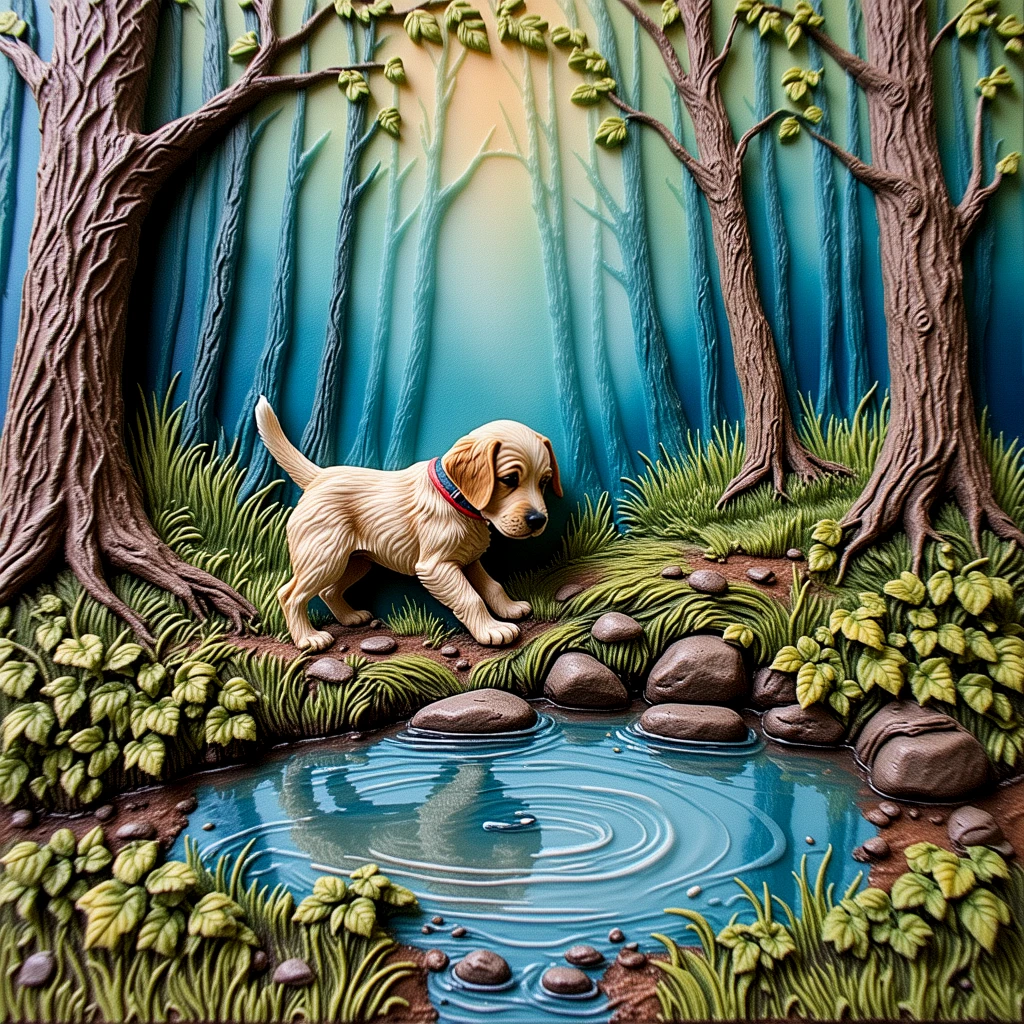 Clay art. Made entirely of clay. A puppy playing in a puddle in the woods.
clyartCE_style