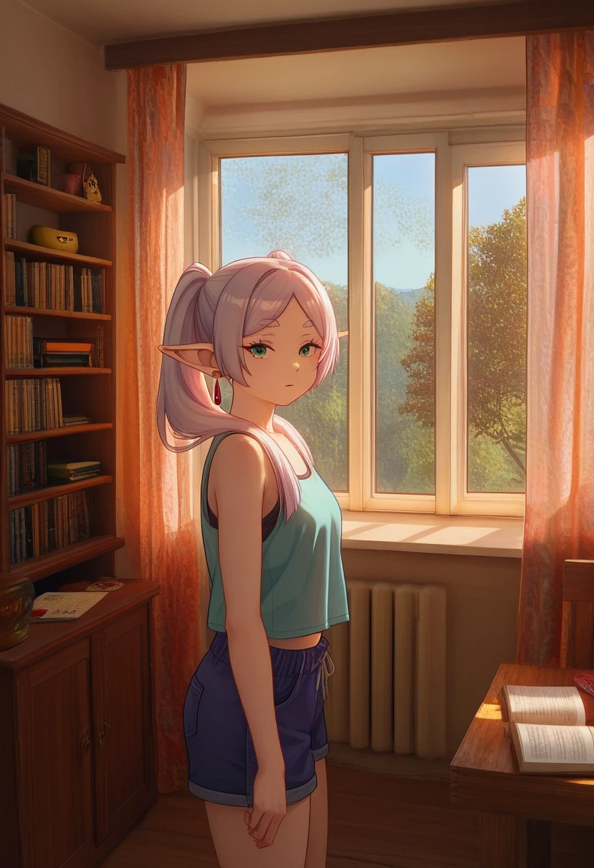 masterpiece, high quality, 1girl, solo, frieren, tank top, shorts, looking at viewer, cowboy shot, from side, hrushch, room, scenery, indoors, window, sunlight, book, table, day, tree, plant, sky, bookshelf,