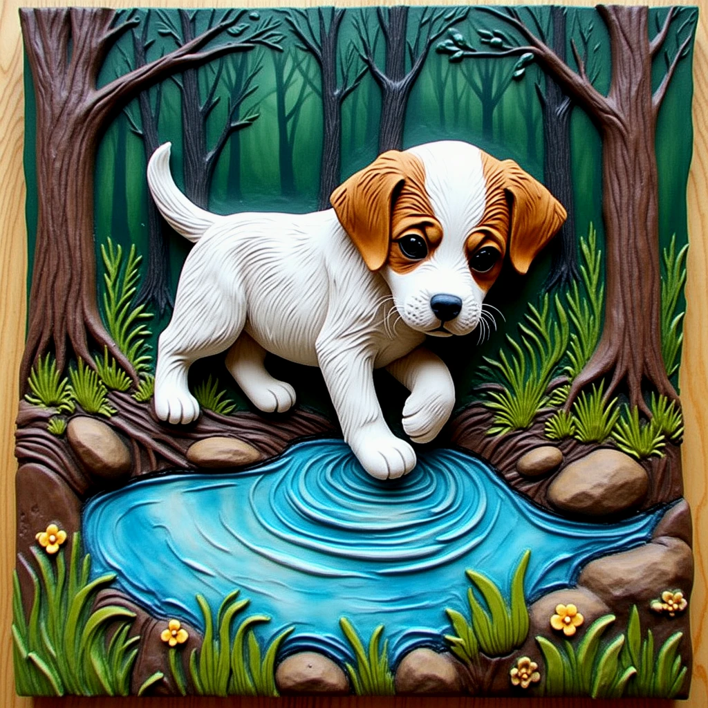 Clay art. Made entirely of clay. A puppy playing in a puddle in the woods.
clyartCE_style