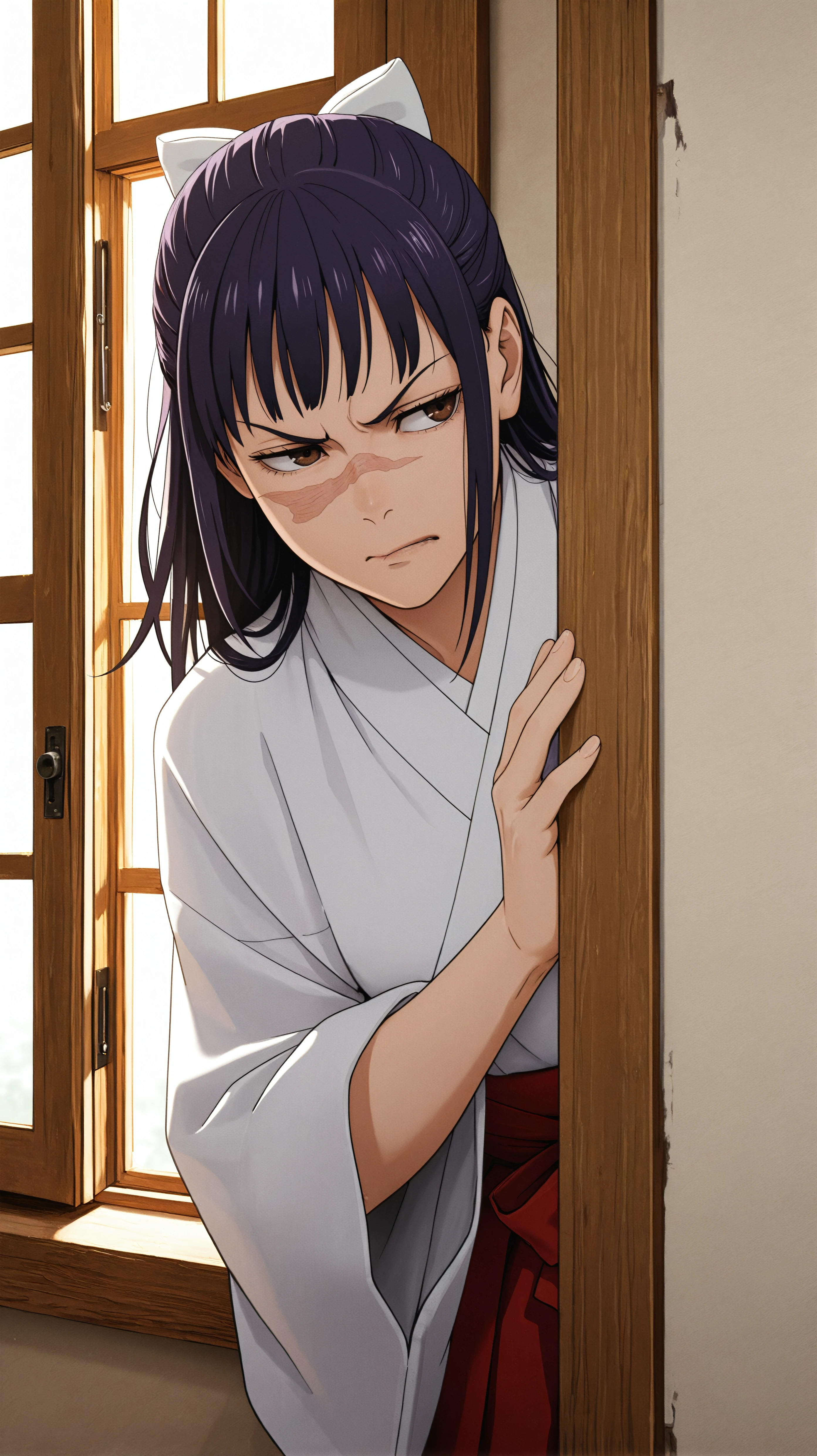 masterpiece, best quality, amazing quality, girl, lip bite, <lora:Utahime Iori - Illu:0.9>, aUtahime, long hair, purple hair, ponytail, brown eyes, scar on face, white hairbow, red hakama skirt, open window, light rays, windowsill, annoyed, leaning out of window,