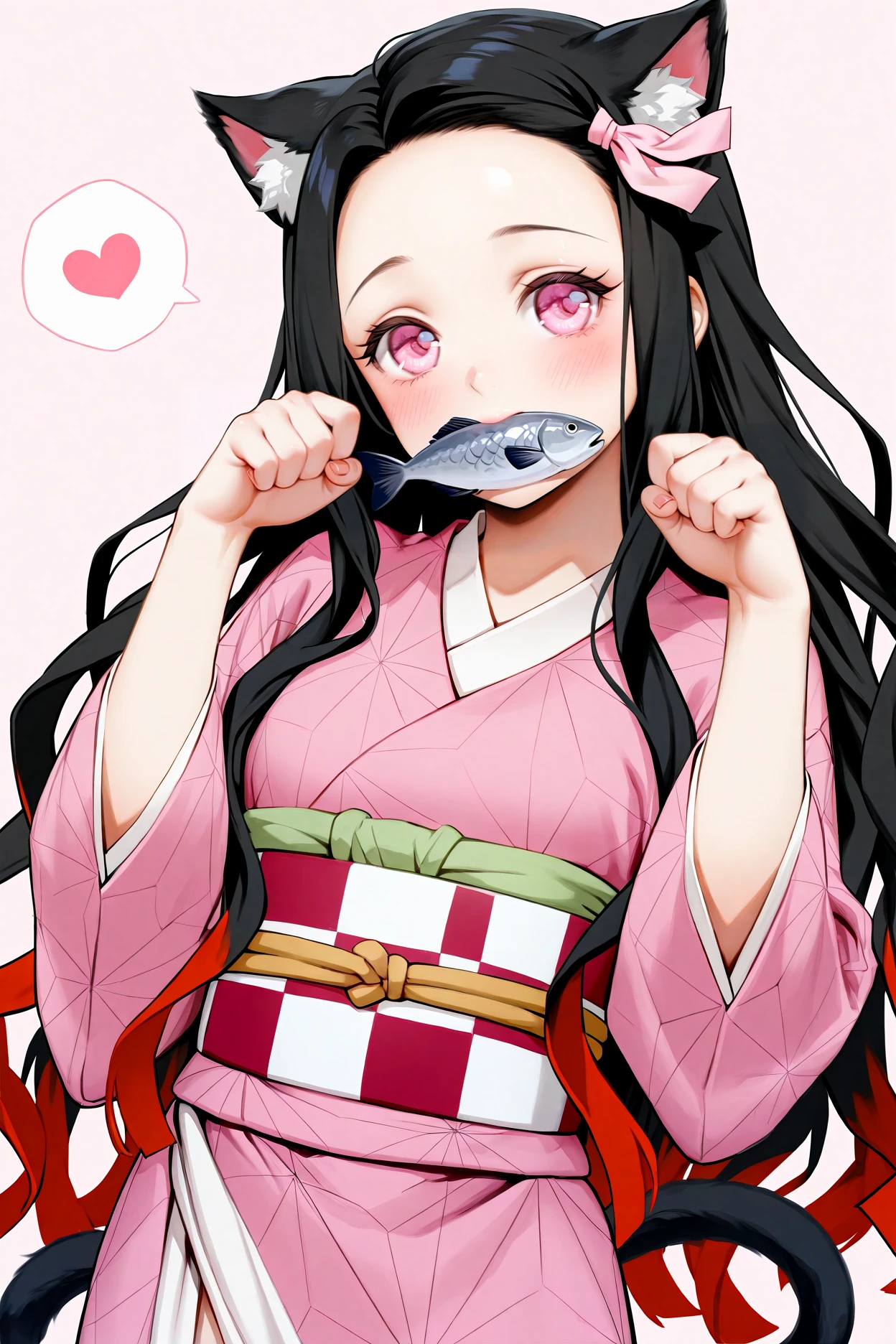 <lora:Nezuko1llust:0.8>,nezuko,1girl,animal ears,cat ears,cat tail,tail,solo,kamado nezuko,long hair,mouth hold,heart,japanese clothes,ribbon,hair ribbon,kimono,pink kimono,black hair,multicolored hair,fish,very long hair,pink ribbon,cat girl,pink eyes,kemonomimi mode,spoken heart,looking at viewer,pink background,long sleeves,forehead,red hair,sash,obi,gradient hair,checkered sash,blush,wide sleeves,paw pose,animal ear fluff,hands up,
