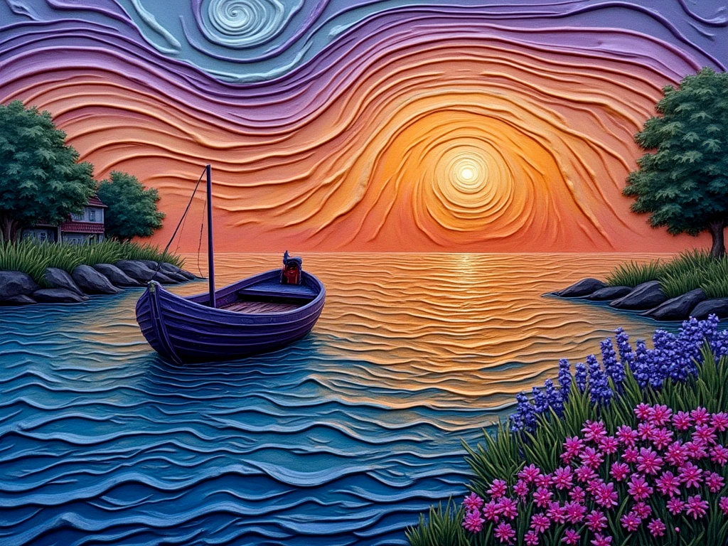 Clay art. A purple boat on a lake at sunset.

clyartCE_style