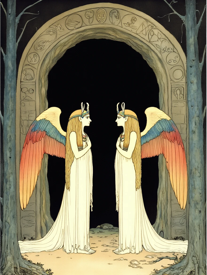 John Bauer style.  Two female sphinxes guarding a cave entrance.  They stand tall and regal.  Their wings are multicolored.  They face towards each other.  The cave entracnce is arched and carved with symbols.