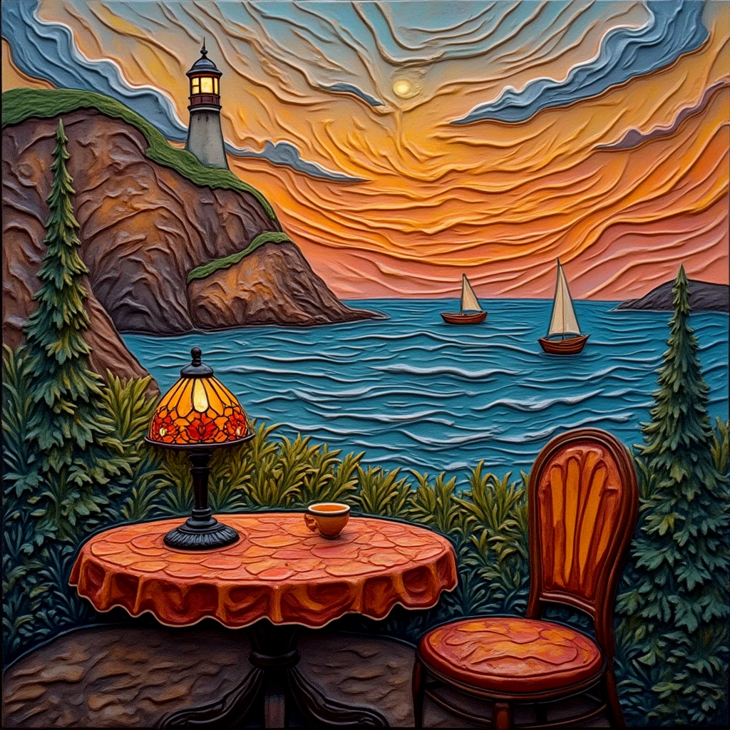 Clay art. A clay Tiffany lamp on a table by the seaside at sunset.

clyartCE_style