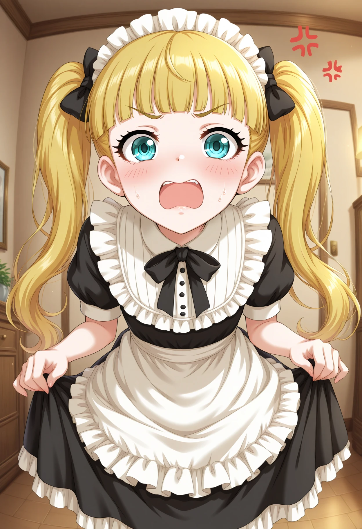 masterpiece, best quality, amazing quality, 1girl, solo, makeup, blush, cowboy shot, perspective, front angle, dynamic, general, anger vein, indoors, troubled eyebrows, open mouth <lora:Mary_Cochran_Cinderella:1>, Mary_Cochran_Cinderella, long hair, blonde hair, twintails, hair bow, blue eyes, blunt bangs, maid dress. maid headdress, black hair ribbon, frills, <lora:wai-Rectified-s:1>, <lora:prompt_extend:1>